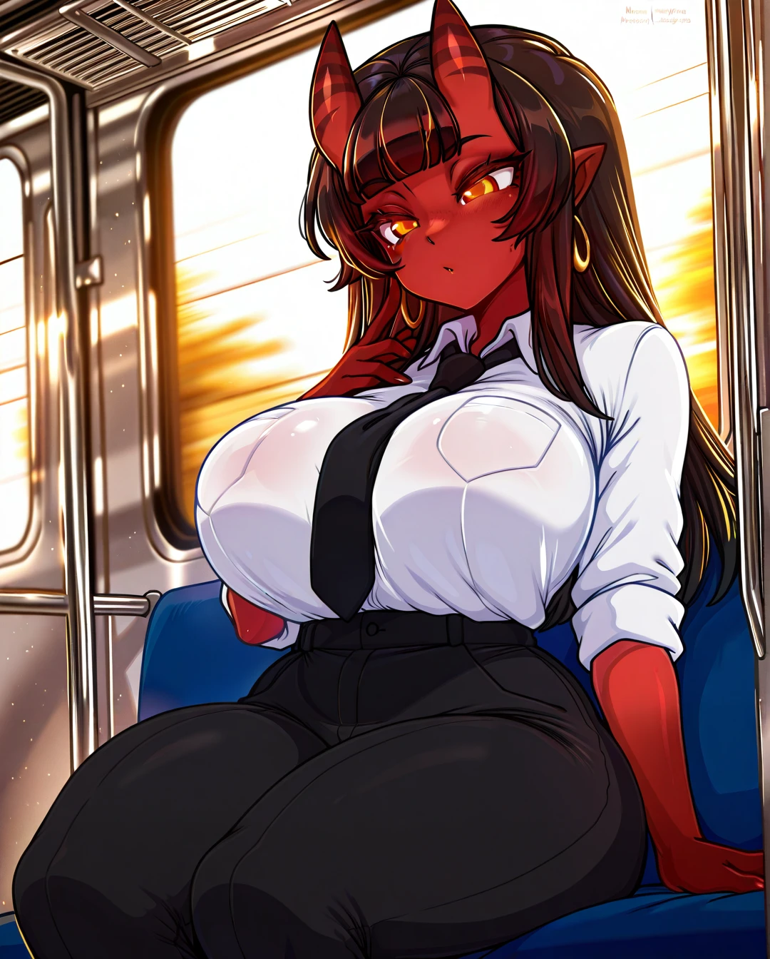 @meruccubus, merunyaa, red skin, solo, long hair, wide hips, (plump), (gigantic_breasts), juicy tits, fat breasts, white shirt, black tie, black pants, train, sitting