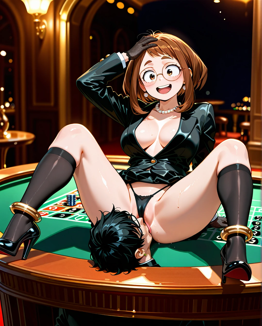 ,1girl,, ,1girl,1boy, , , ,cheekless,,round_big tits,ship_deck,collarbone, lift_skirt,,circle_glasses,black_thong, black_jacket,gold_anklets,highleg_panties,,, , , , Detailed, bright, @uraraka_ochako wearing elegant black  jacket,  headpat, (cunnilingus) , , casino table, roulette, (spread_legs),, (happy) ,pearl_necklace, gold_ring, earring, cheating , (naughty) , (excited) , transparent black silk gloves , highheels, collants, nylon long socks