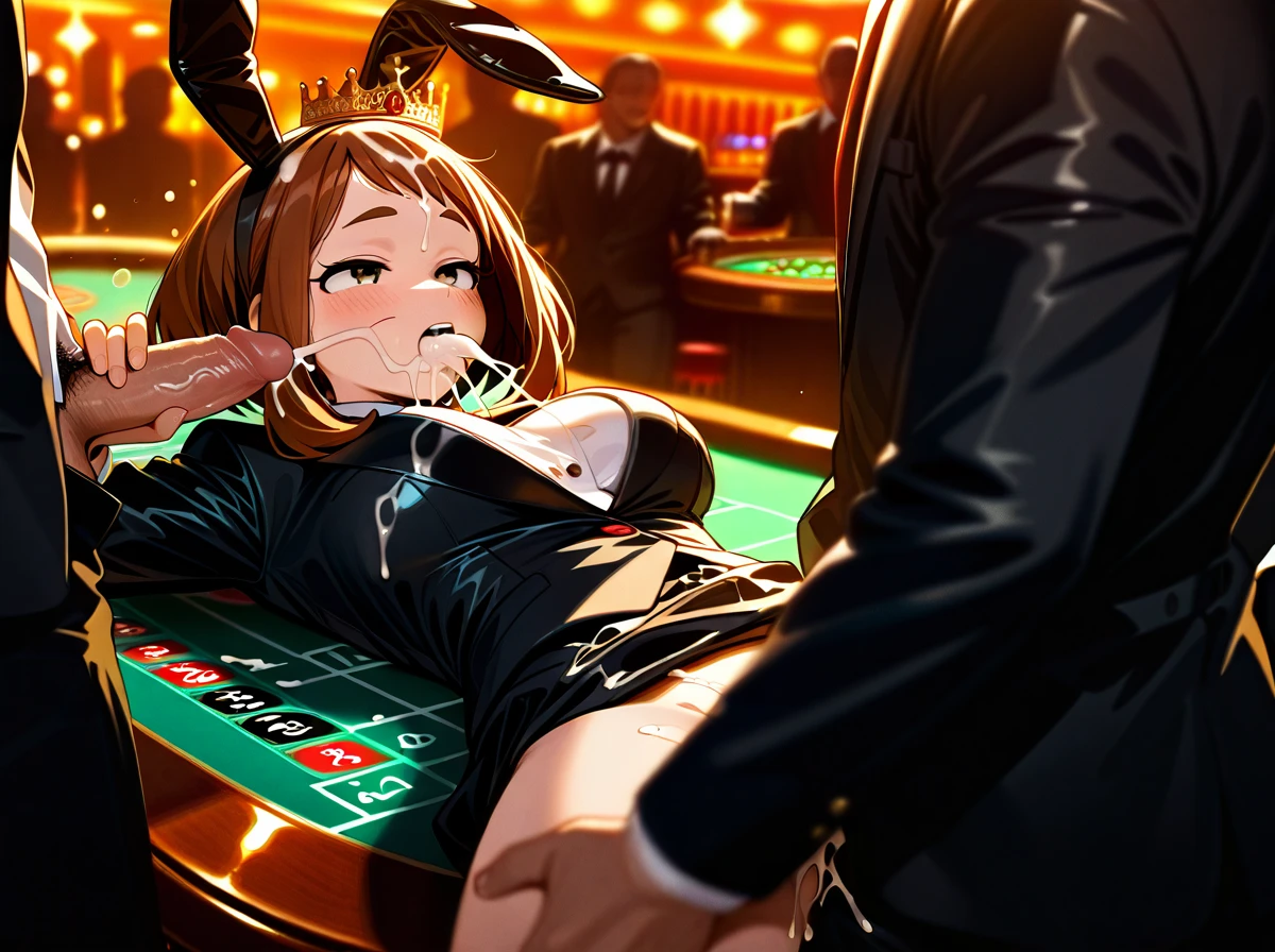 @uraraka_ochako wearing a elegant black jacket suit and a black skirt and a crown, gangbang, casino table, roulette,,, used as a toy, played, blowjob, missionary, (deep_penetration),  gangbang,, evening time, front view, excessive cum, cum_in_pussy, cum_in_mouth, jewels, cum_on_hair, bunny_ears, dices