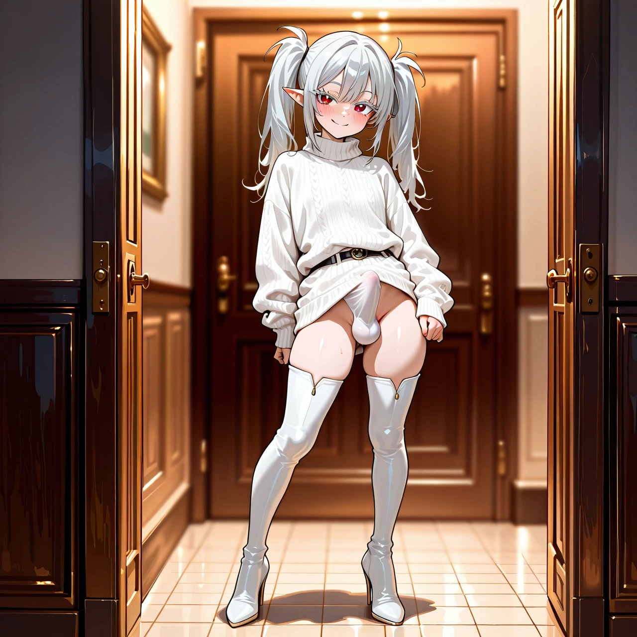 (otoko_no_ko), white_sweater, highheels, penis_bulge, erection_under_sweater, highheels, white_high_thigh_boots, (smile), pointy_ears, white_eyelashes, silver_hair, (red_eyes), blush, (standing), twin_ponytails, full body, looking to the viewer,