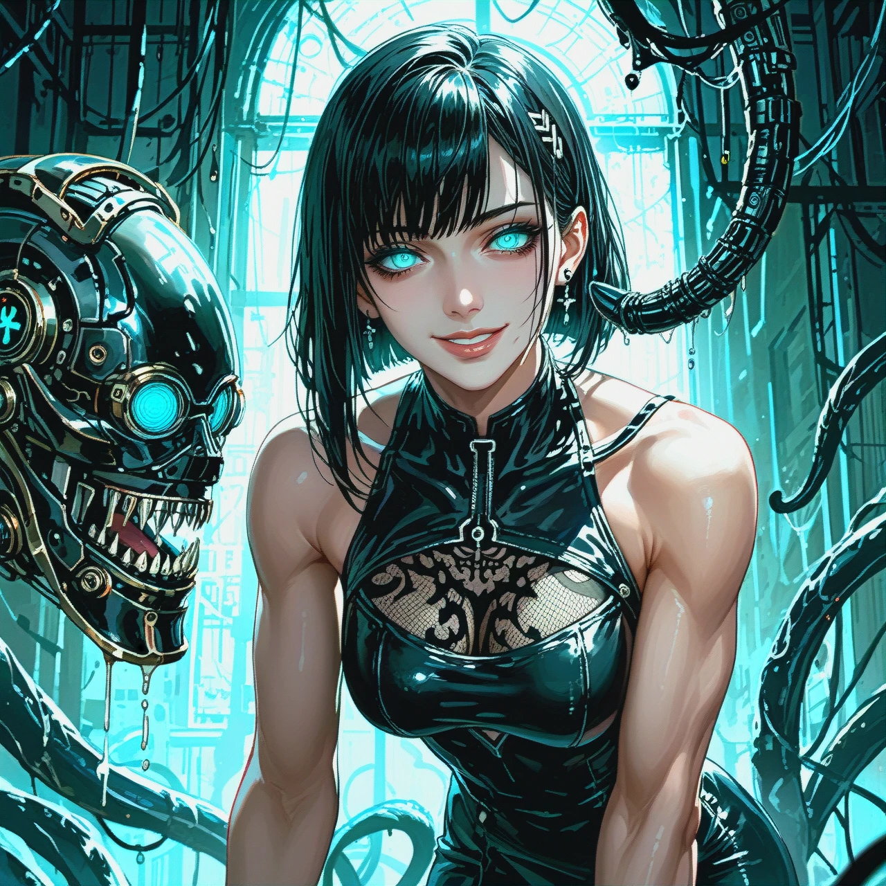 Female, pale, black hair, (hanging_breasts), skinny, muscular, glowing turquoise eyes, black dress, goth, sci-fi, staring, yandere, smile, black robotic tentacles, dominant, dark room