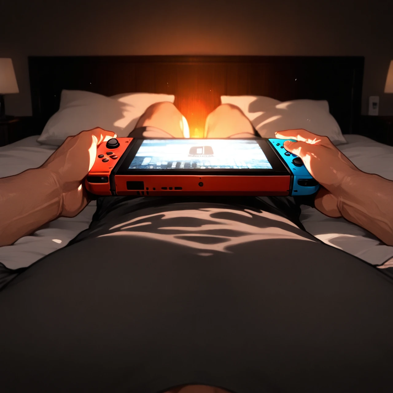 Guy licks on the bed and plays on the  Nintendo Switch, (full_body) , He looks at his console