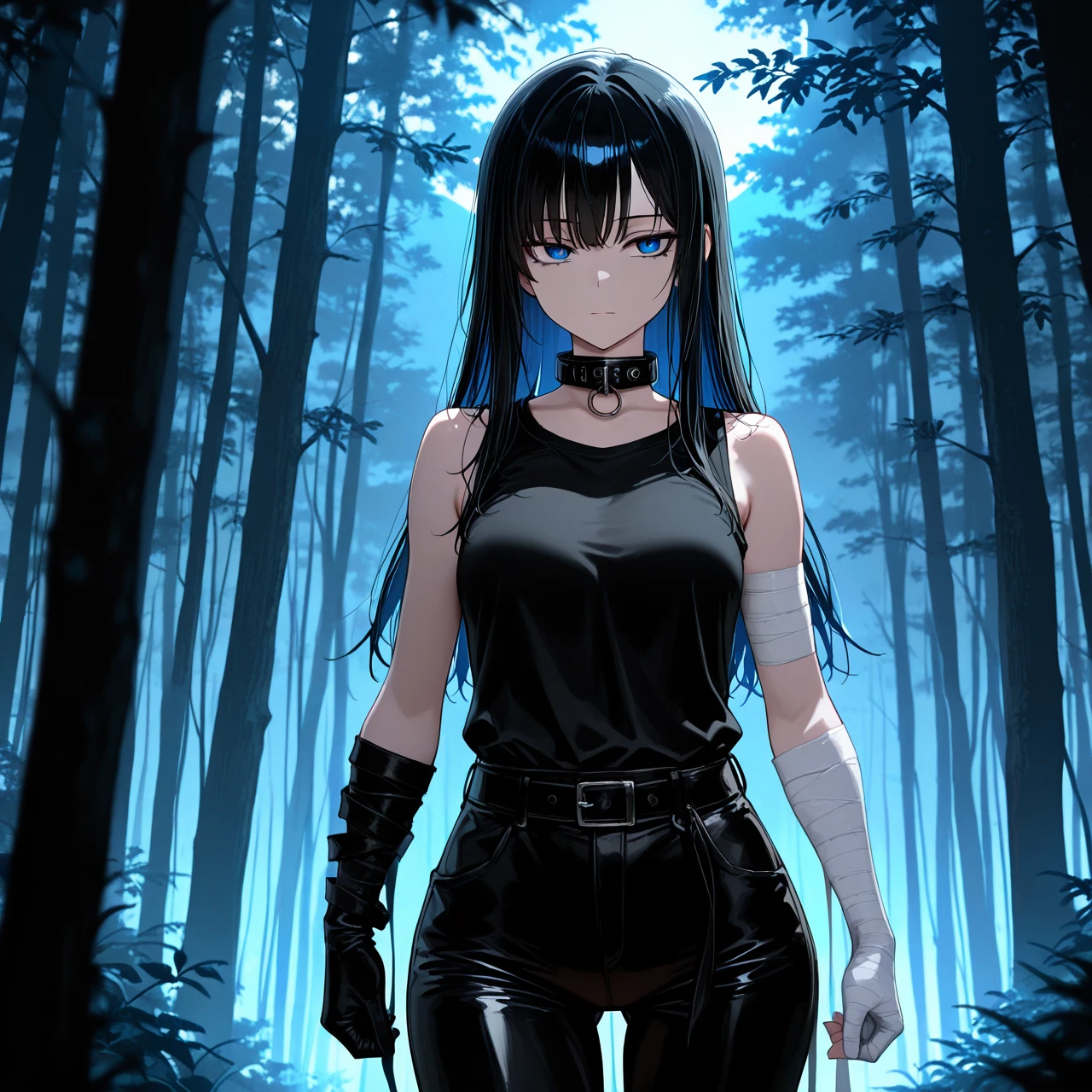 Long black hair. Big blue eyes. Black pants. A black sleeveless T-shirt with a collar. Bandages on his arms. Indifferent face. Night. Forest.  Dark. Night. Fog. Young.