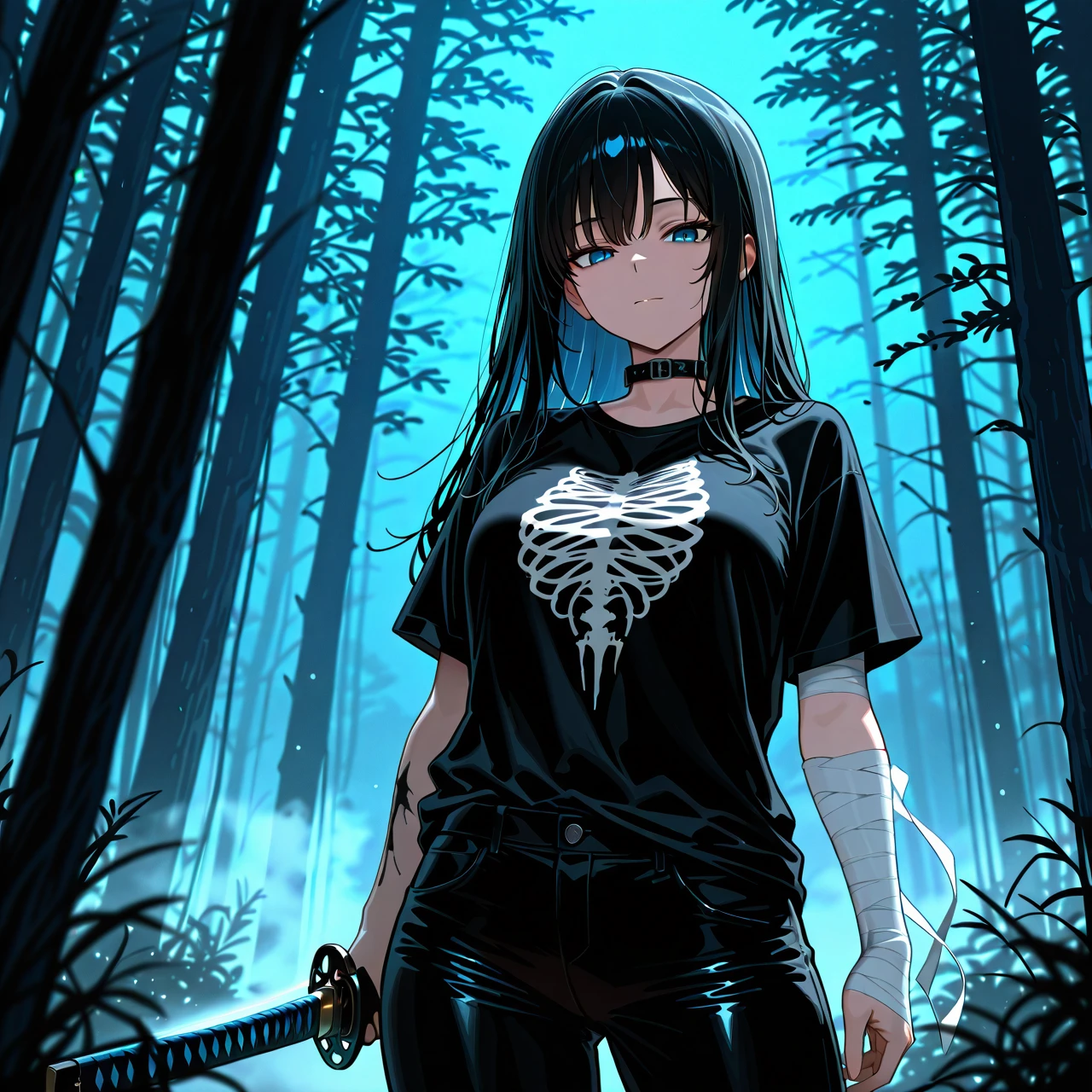 Long black hair. Big blue eyes. Black free pants. A black Open silk T-shirt, collar at the neck. Bandages on his arms. Indifferent face. Night. Forest.  Dark. Night. Fog. Young. Black blue katana.