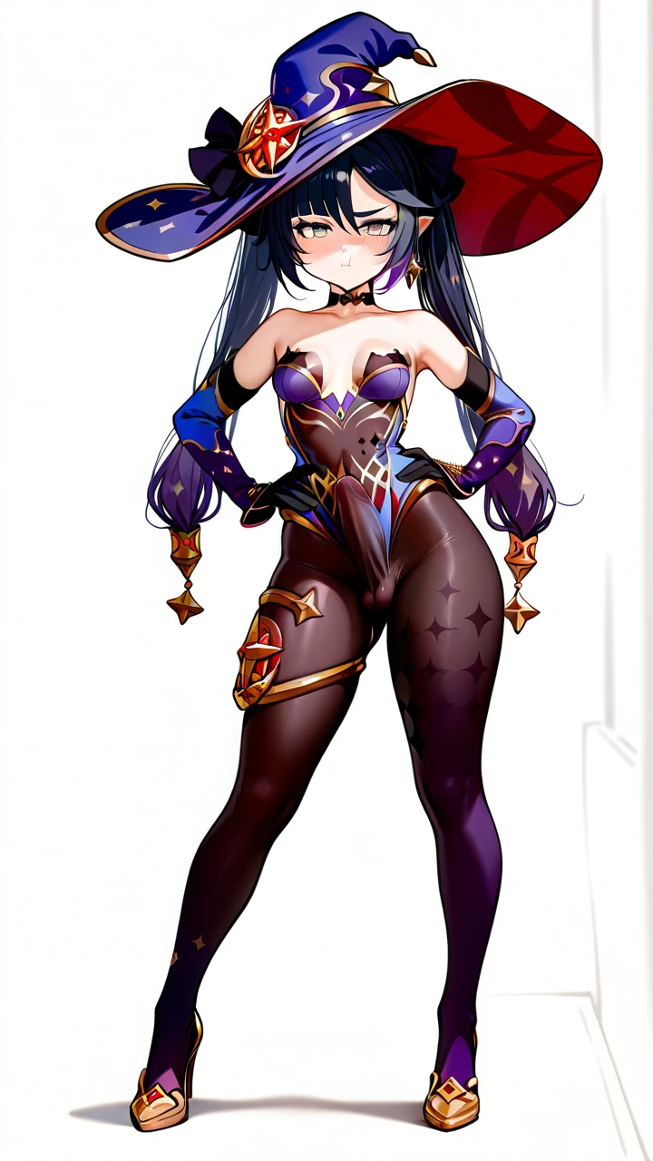 @mona, (otoko_no_ko), witch_hat, blue_hair, (grey_eyes), (pout), pointy_ears, elbow_gloves, penis_bulge, erection_under_clothes, (flat_chest), tights, highheels, slim_legs, (legs_apart), (hands_on_hips),