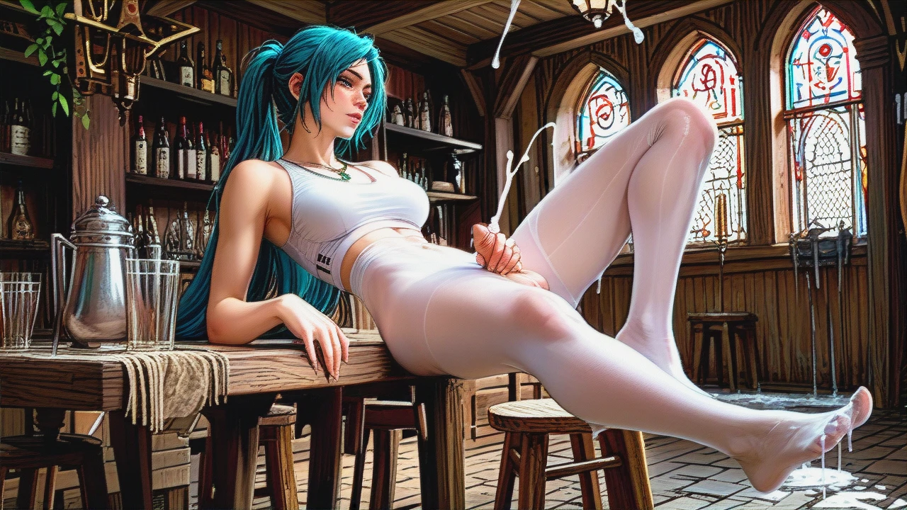 1girl,solo, medium breasts,leaning back,foreskin, lift dress up,pantyhose,anchor necklace,White sports bra,no shoes, sparkling, medieval tavern, table, source anime, bright lighting, lara croft, miku.  (futanari) . (futanari_masturbation) . futa emit a large number climax white liquid . climax face . full-length (looking_afar) .