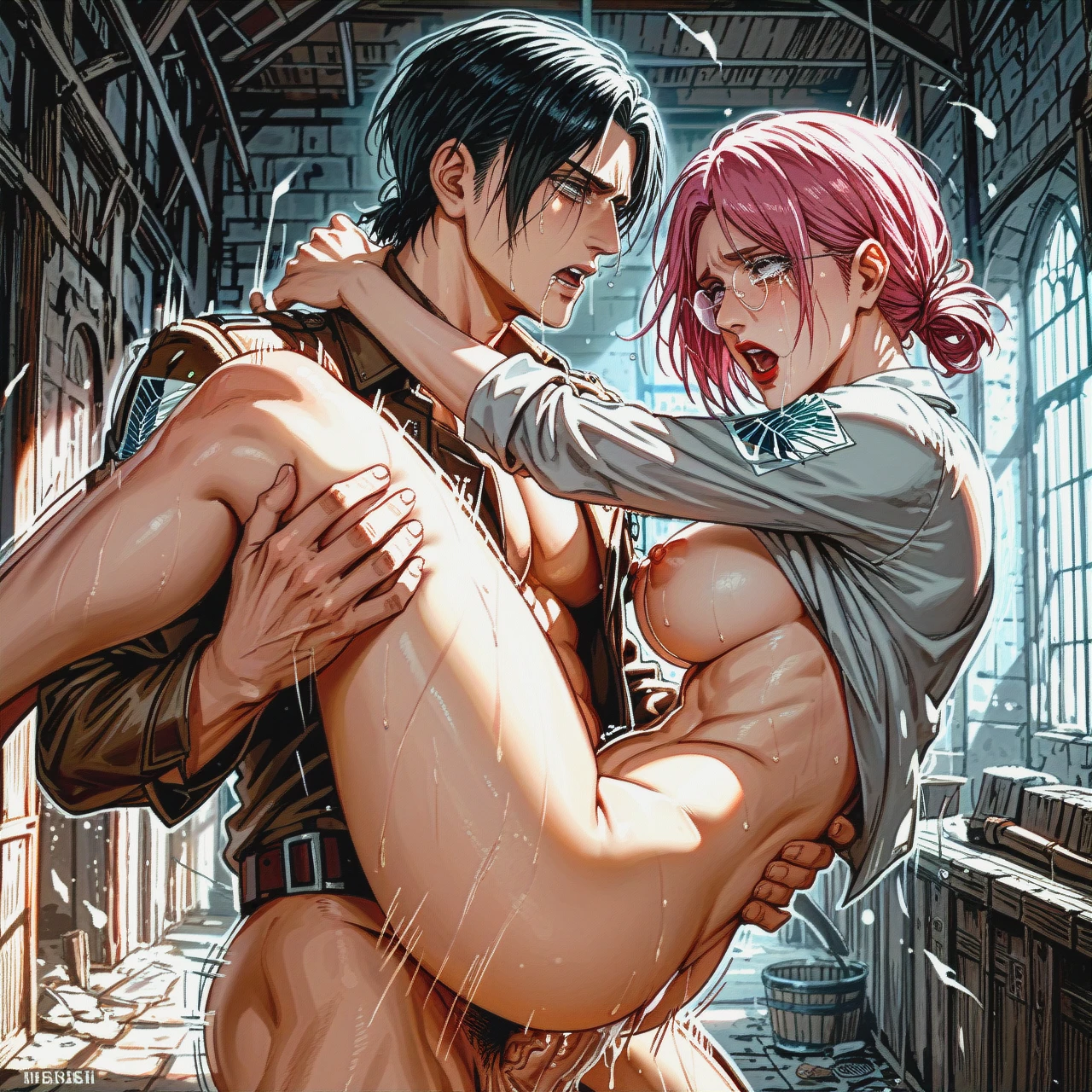 @levi, attack on titan, dungeon, massive veiny cock, girl with long pink hair, red lipstick, round eyeglasses, (large_breasts), skinny body, grey eyes, (crying_with_eyes_open), (screaming), lifted sex, carry, fucked in pussy by Levi, bouncing, motion lines,