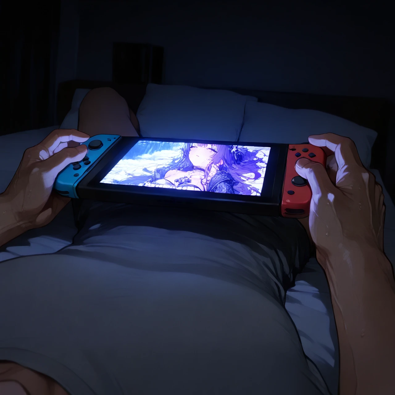 Guy licks on the bed and plays on the  Nintendo Switch, (full_body)