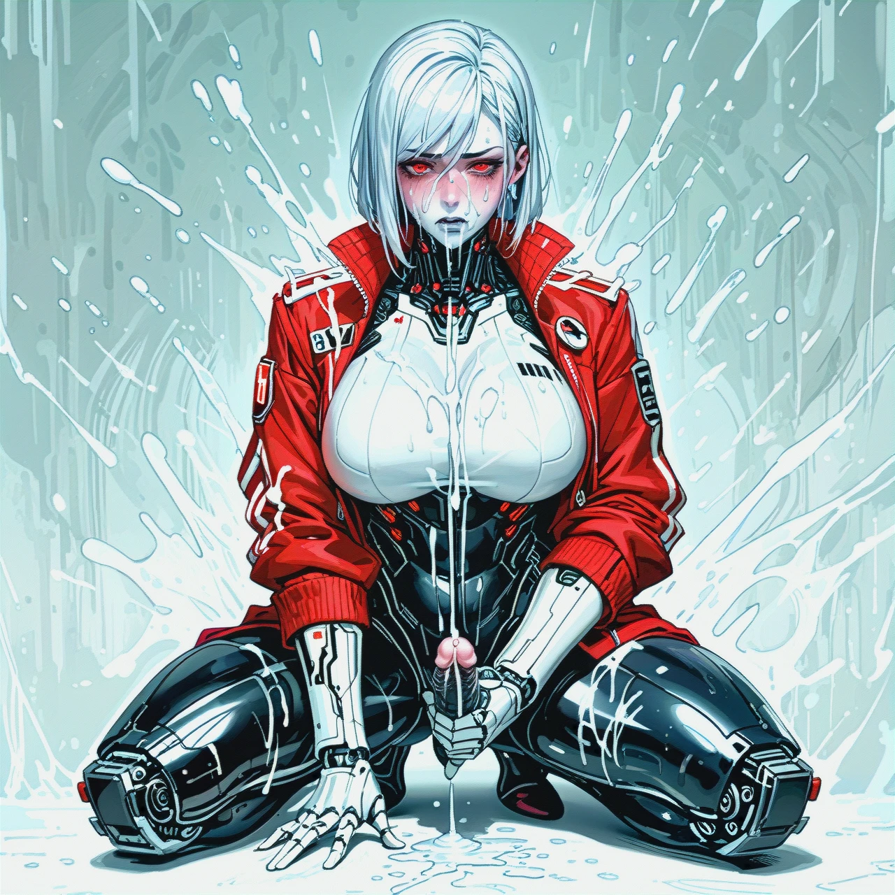 woman with white shoulder length hair. fair skin. big breasts. robot. red jacket. white robotic body. red eyes. calm expression. cold face. no blush. no makeup .  (futanari) . (futanari_masturbation) . futa emit a large number climax white liquid . climax face . full-length (looking_afar)