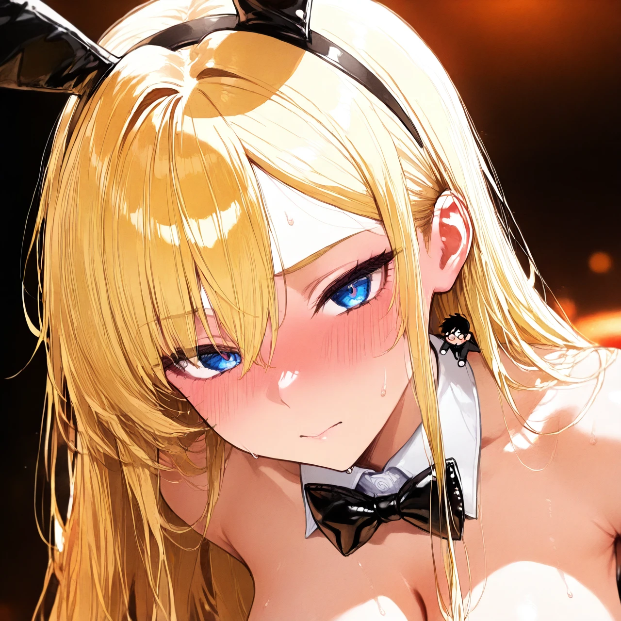 bunny girl, demihuman, blond, (blush), (miniboy)