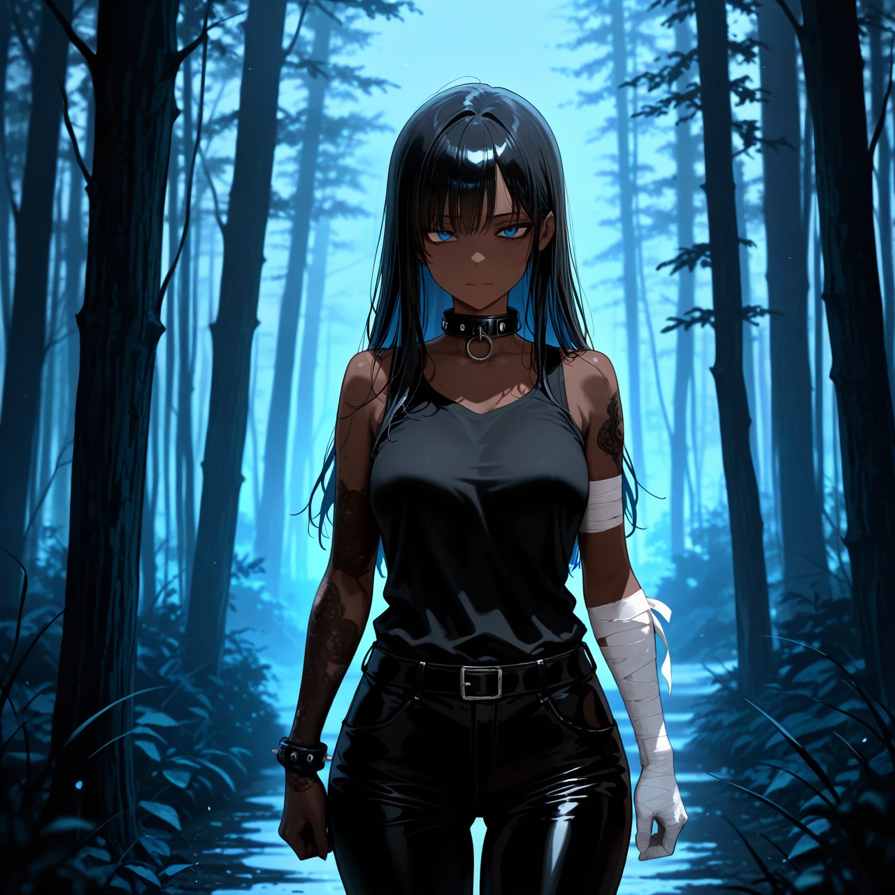 Long black hair. Big blue eyes. Black pants. A black sleeveless T-shirt with a collar. Bandages on his arms. Indifferent face. Night. Forest.  Dark. Night. Fog. Very dark. (Non realistic)