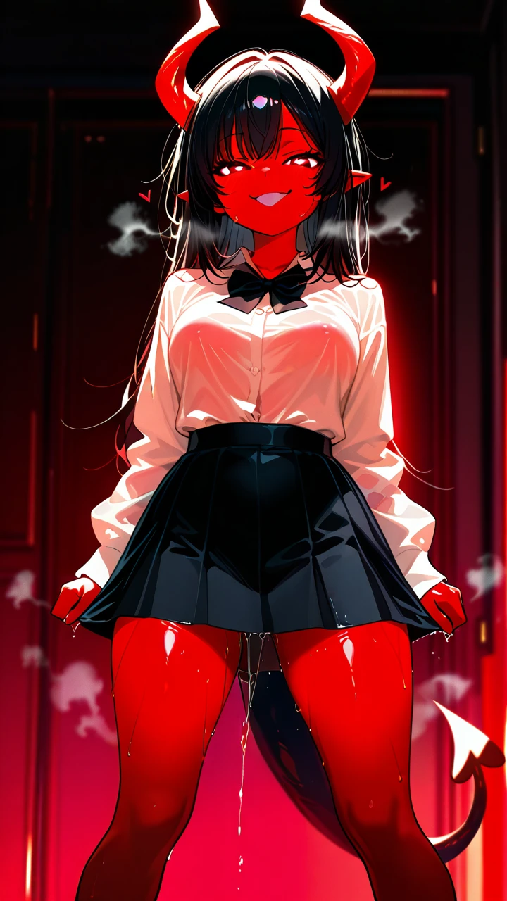 girl, red skin, horns, tail, lots of steam, black hair, skirt and shirt, horny, It's leaking , wet , (heavy_breathing) , (heart-shaped_eyes) , (naughty_face) , (full_body) , He stands with his legs apart, He looks at me, red lighting