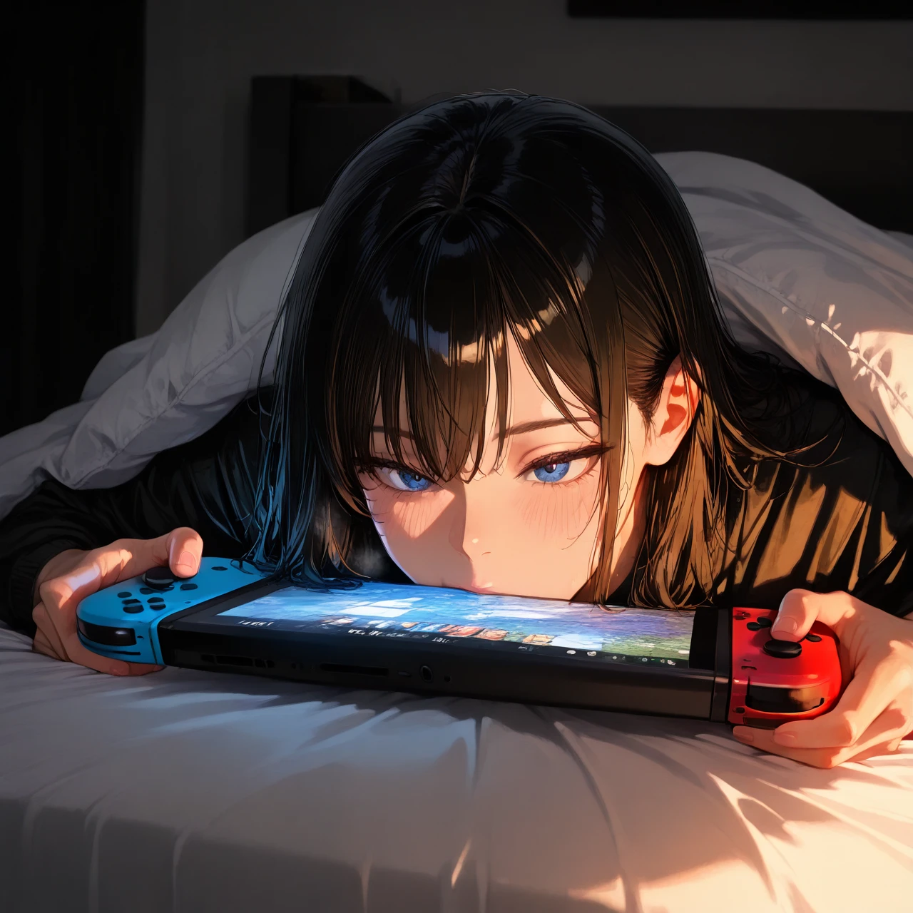 Guy licks on the bed and plays on the  Nintendo Switch, (full_body) , He looks at his consoles, teenager