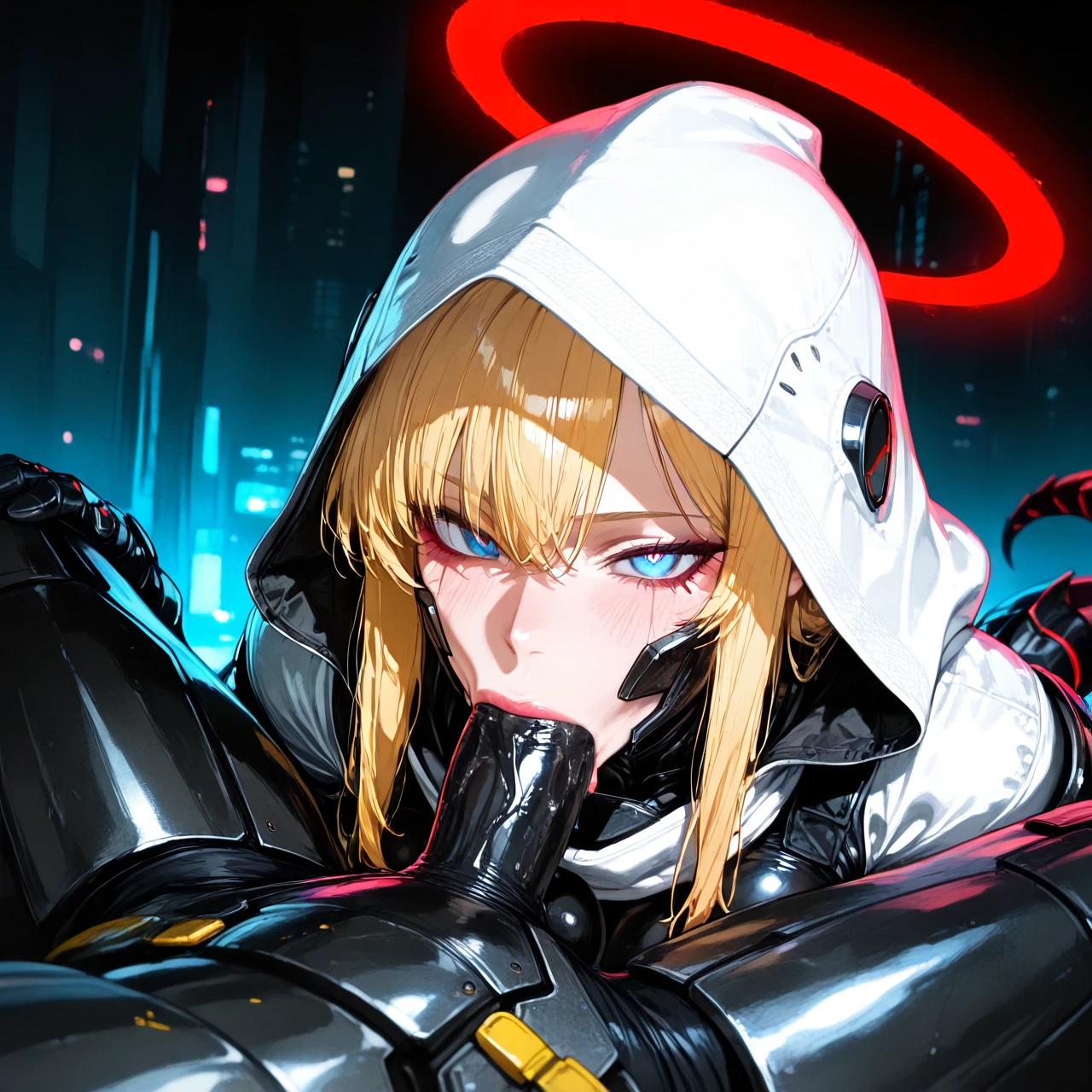 Knight Monster girl Dragon Tail Cyberpunk White Hood Helmet Exoskeleton Armor Android Knife Assassin Night Girl Sits Blonde Neon red halo Evil sharp look Adult Blue Eyes (autofellatio)