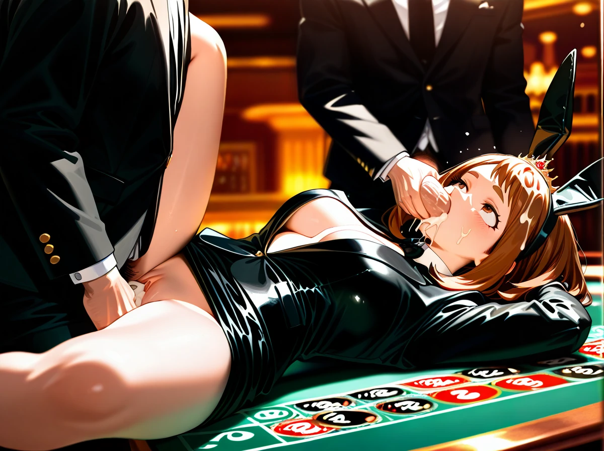 @uraraka_ochako wearing a elegant black jacket suit and a black skirt and a crown, gangbang, casino table, roulette,,, used as a toy, played,blowjob, missionary, (deep_penetration),  gangbang, evening time, front view, excessive cum, cum_in_pussy, cum_in_mouth, jewels, cum_on_hair, bunny_ears