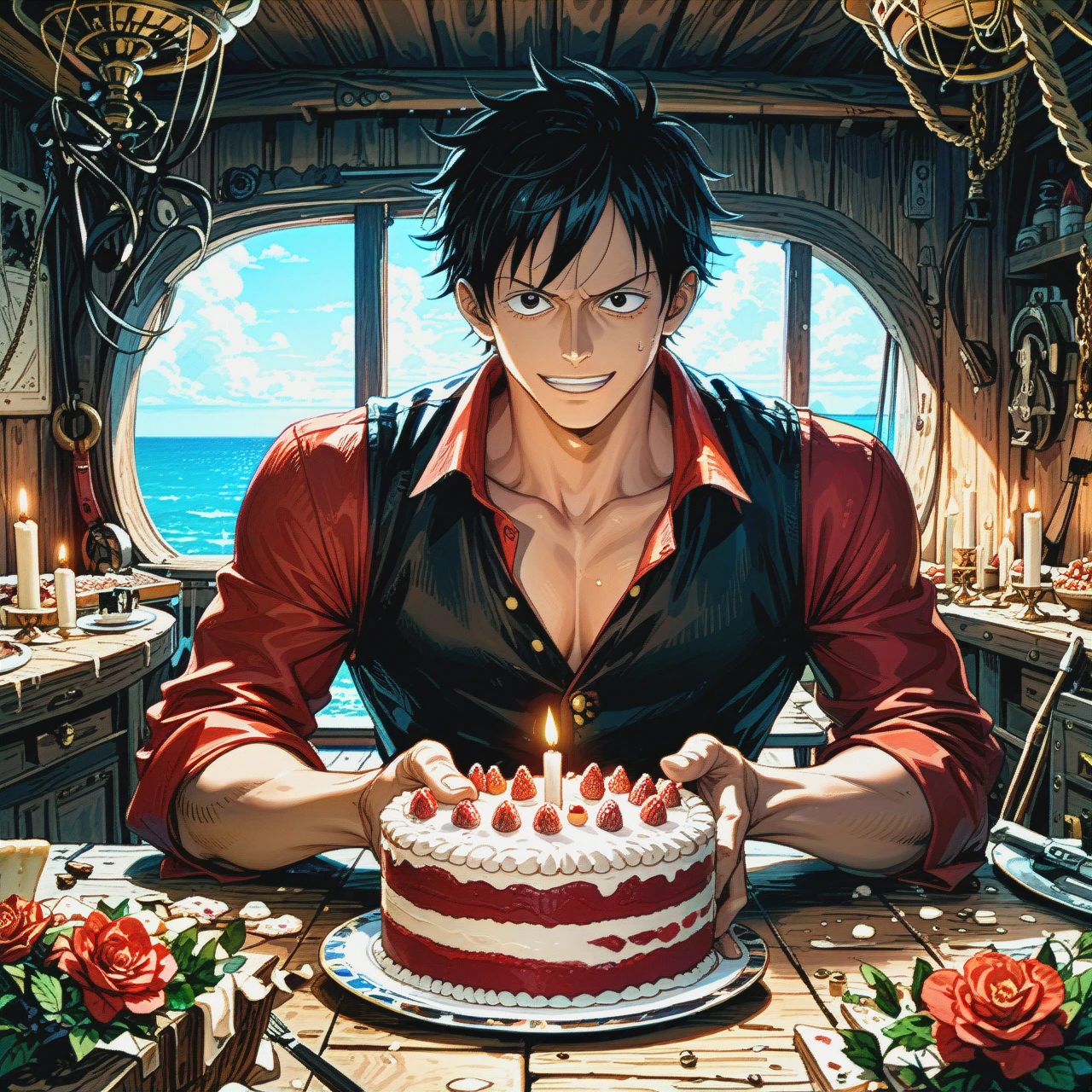 @monkey_d._luffy holds a cake with candles, smiles kindly at the camera and holds the cake out to the camera. The background is a pirate ship cabin.