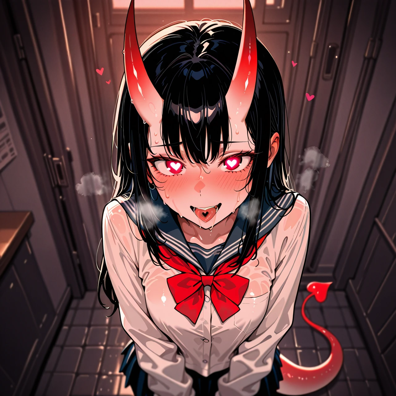 girl, light red skin, horns, tail, lots of steam, black hair, school uniform, dry clothes, horny, It's leaking , sweating , (heavy_breathing) , (heart-shaped_eyes) , (naughty_face) , , (full_body) , He It stands exactly, He looks at me