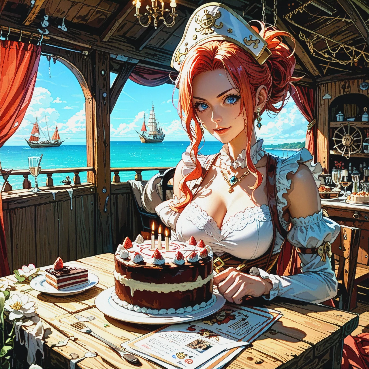 @monkey_d_luffy holds a cake with candles, smiles kindly at the camera and holds the cake out to the camera. The background is a pirate ship cabin.