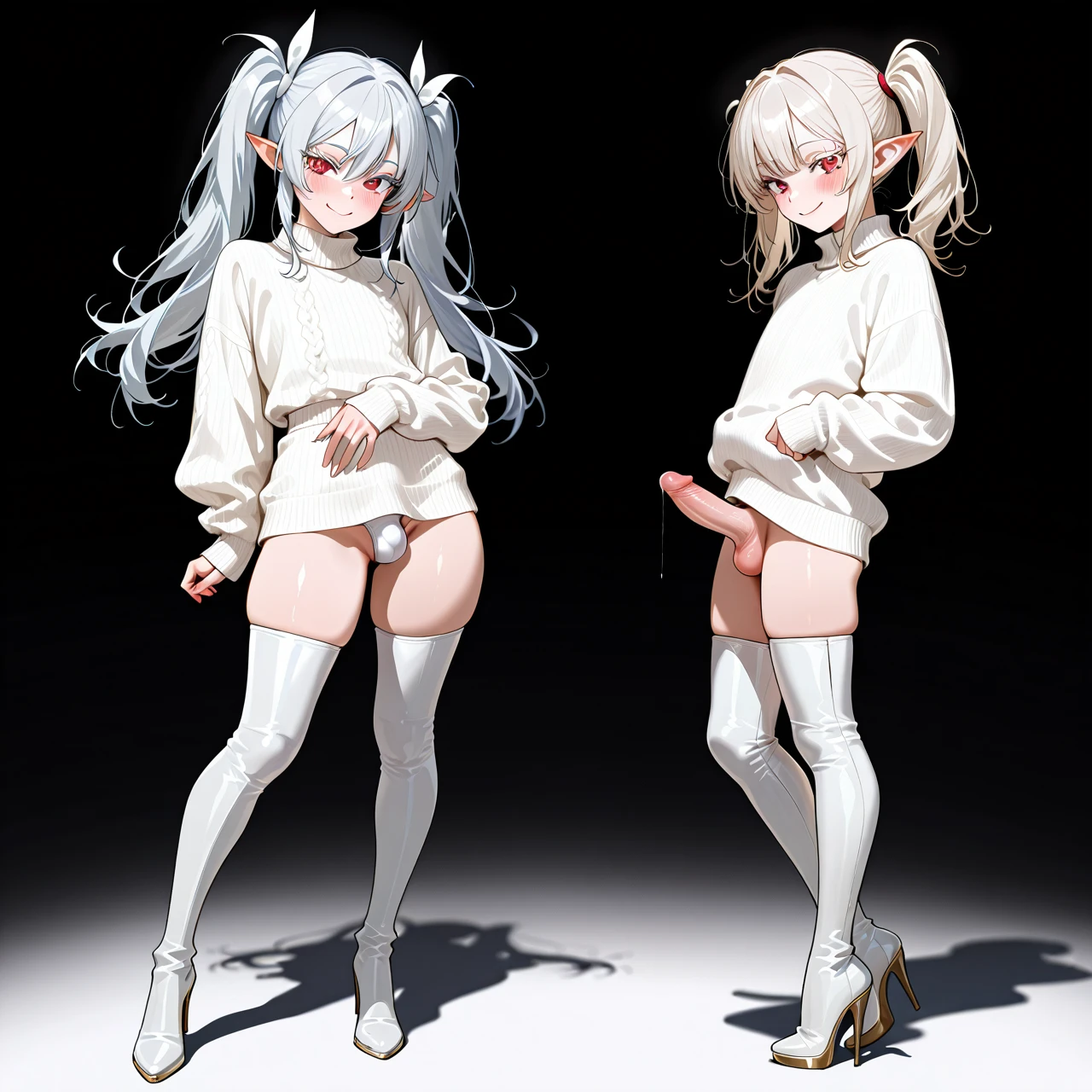 (otoko_no_ko), white_sweater, highheels, penis_bulge, erection_under_sweater, highheels, white_high_thigh_boots, (smile), pointy_ears, white_eyelashes, silver_hair, (red_eyes), blush, (standing), twin_ponytails, full body, (looking_to_the_side)