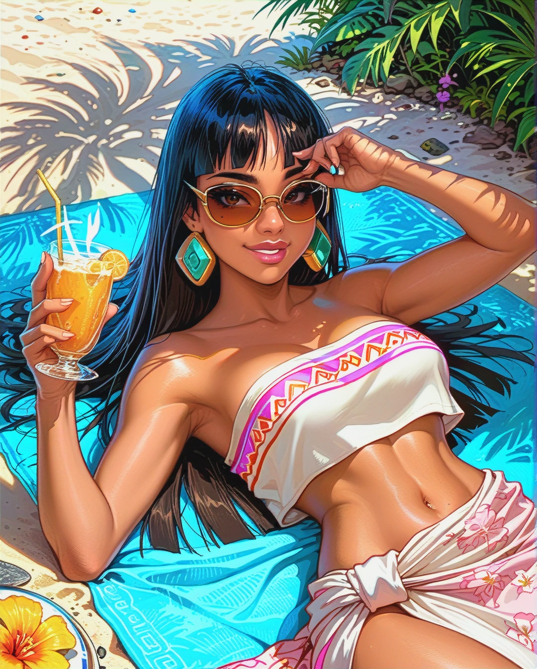 @chel, brown skin, pink bikini, shear pink sarong, flower print, raised sunglasses, sunbathing, holding drink, laying on beach towel, looking at viewer, smiling,