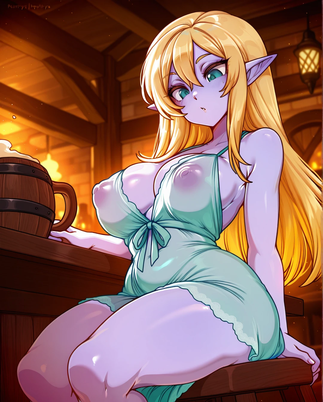 elf, Light Purple Skin, Blonde, merunyaa, solo, long hair, wide hips, (plump), (huge_breasts), puffy nipples, tavern, see-through green sundress, functionally nude, no underwear, sitting