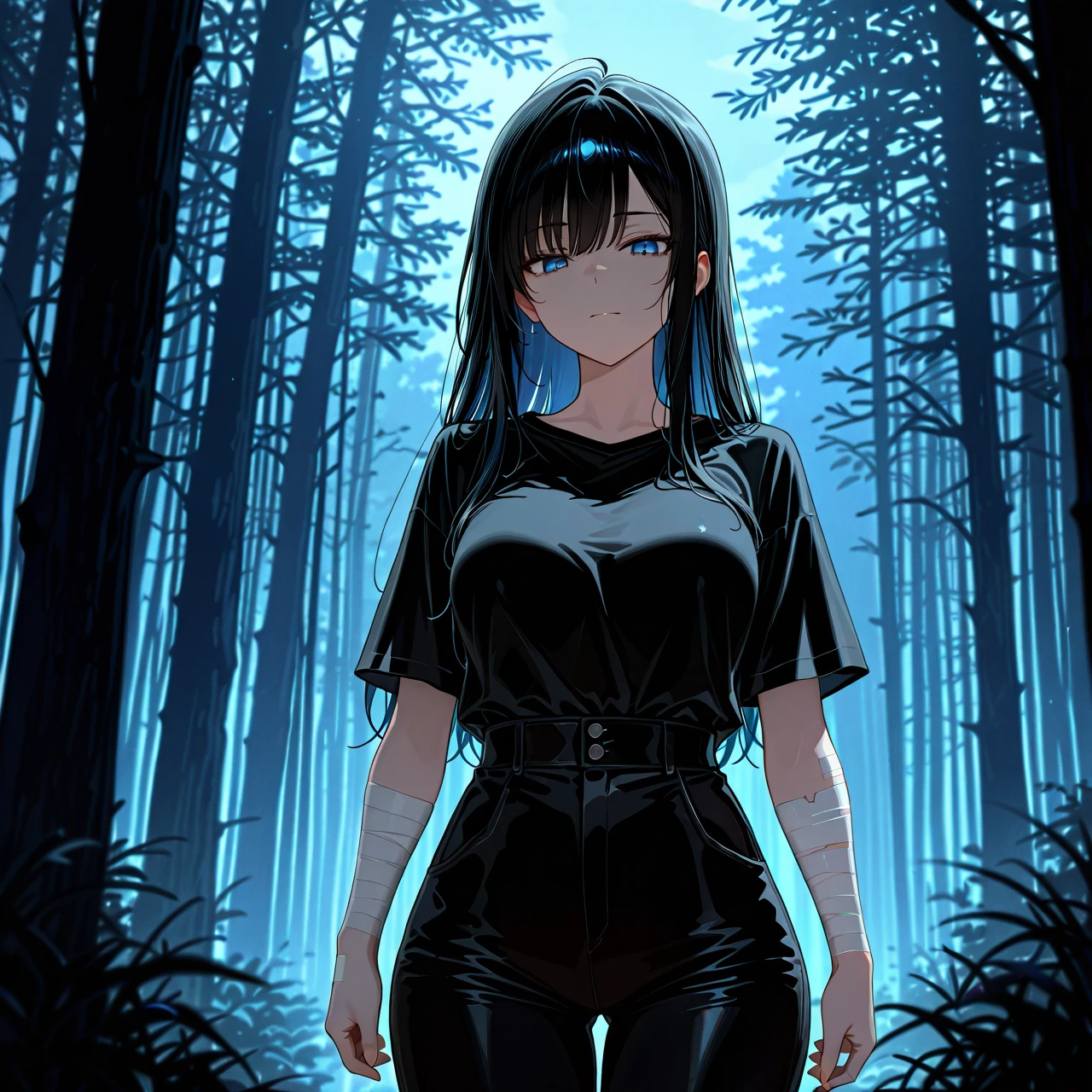 Long black hair. Big blue eyes. Black Trousers A black Open silk shirt at the neck. Bandages on his arms. Indifferent face. Night. Forest.  Dark. Night. Fog. Young. Black blue katana. Cloudy, no light coming through. No light. Thick fog.