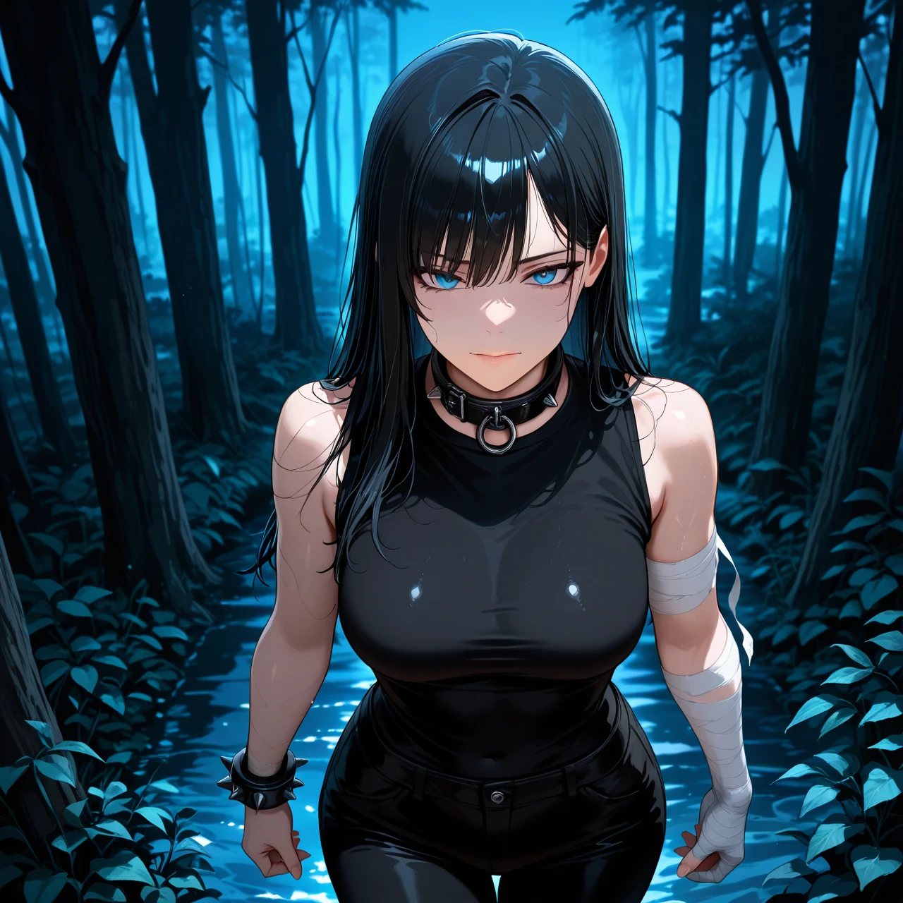 Long black hair. Big blue eyes. Black pants. A black sleeveless T-shirt with a collar. Bandages on his arms. Indifferent face. Night. Forest.  Dark. Night. Fog.  (Non realistic)