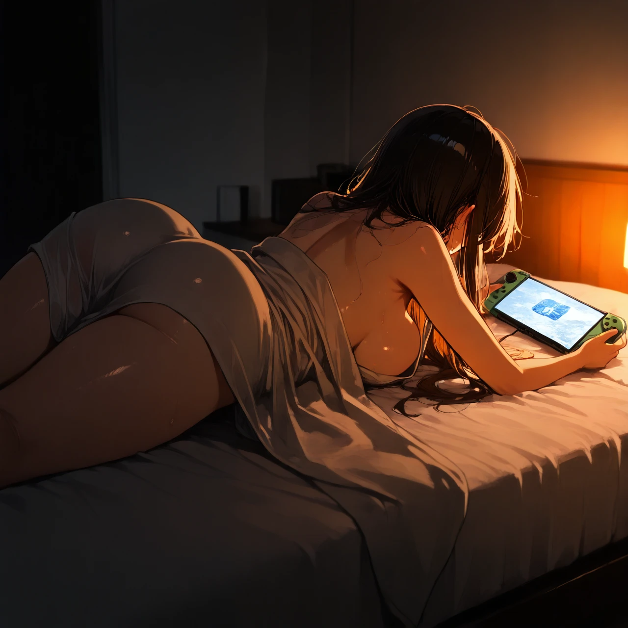 The guy is lying on the bed and playing a portable game consoles, (full_body)