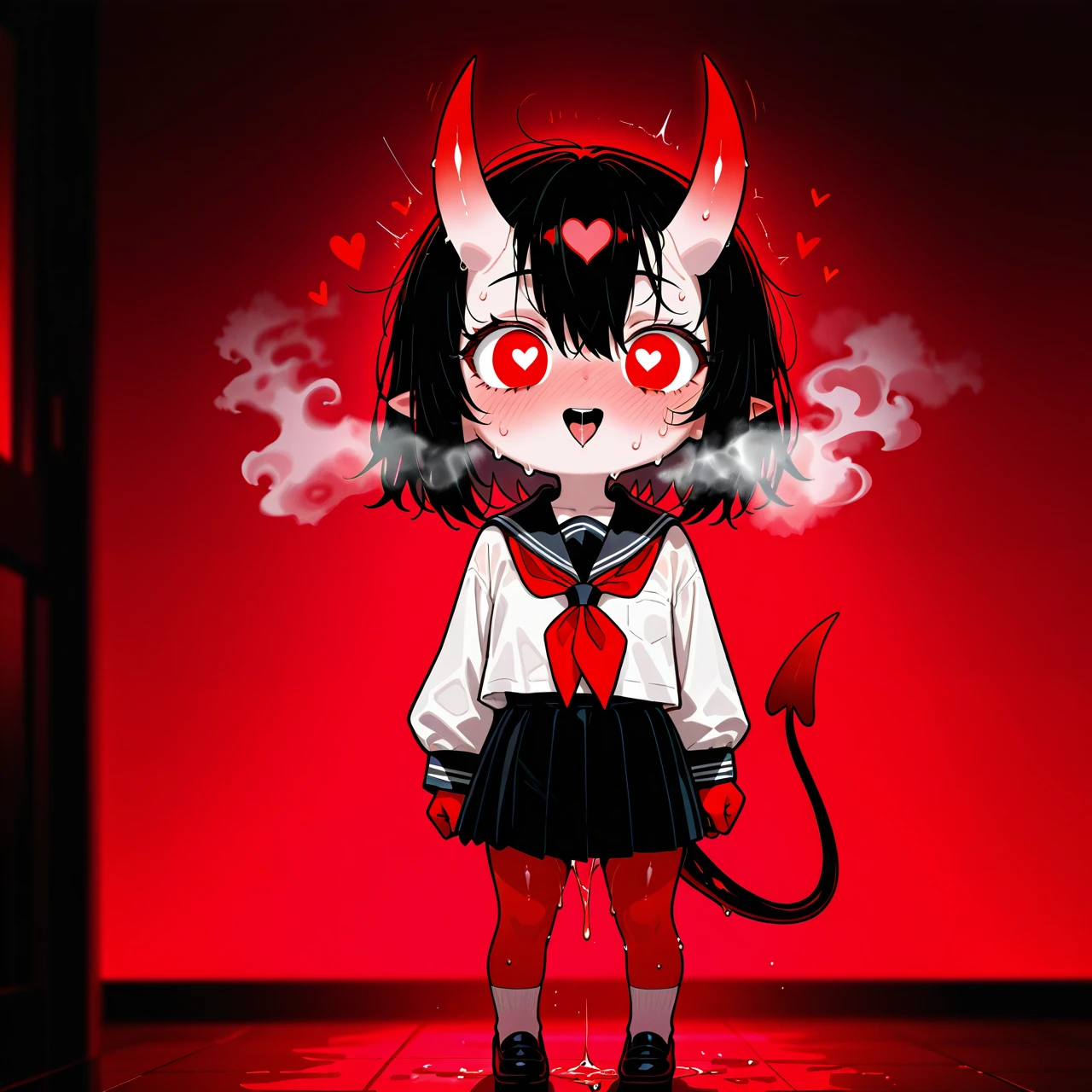 girl, light red skin, horns, tail, lots of steam, black hair, school uniform, dry clothes, horny, It's leaking , sweating , (heavy_breathing) , (heart-shaped_eyes) , (naughty_face) , , (full_body) , He stands with his legs apart, He looks at me, red lighting