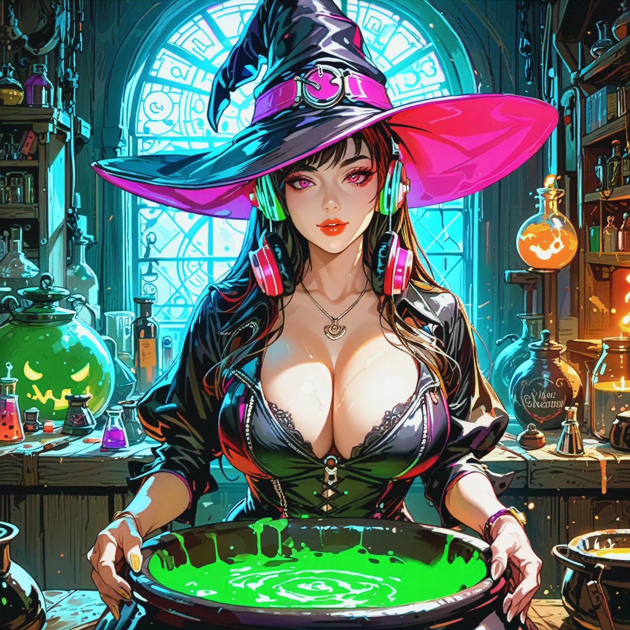 Voluptuous woman DJ in room, making a potion on cauldron, headphones, cleavage, neon, witch hat,