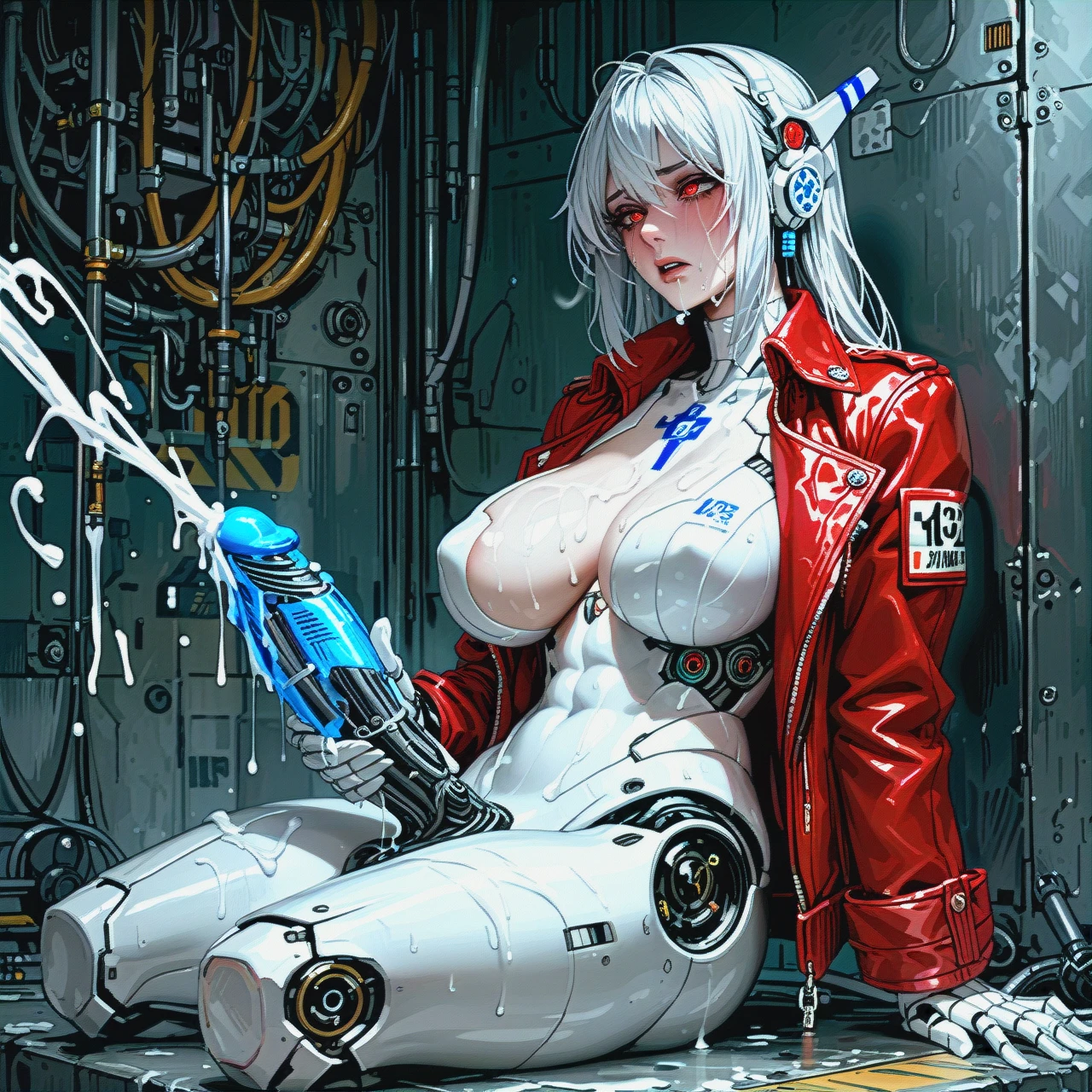 woman with white shoulder length hair. fair skin. big breasts. robot. red jacket. white robotic body. red eyes. calm expression. cold face. no blush. no makeup .  (futanari) . (futanari_masturbation) . futa emit a large number climax white liquid . climax face . full-length (looking_afar) .