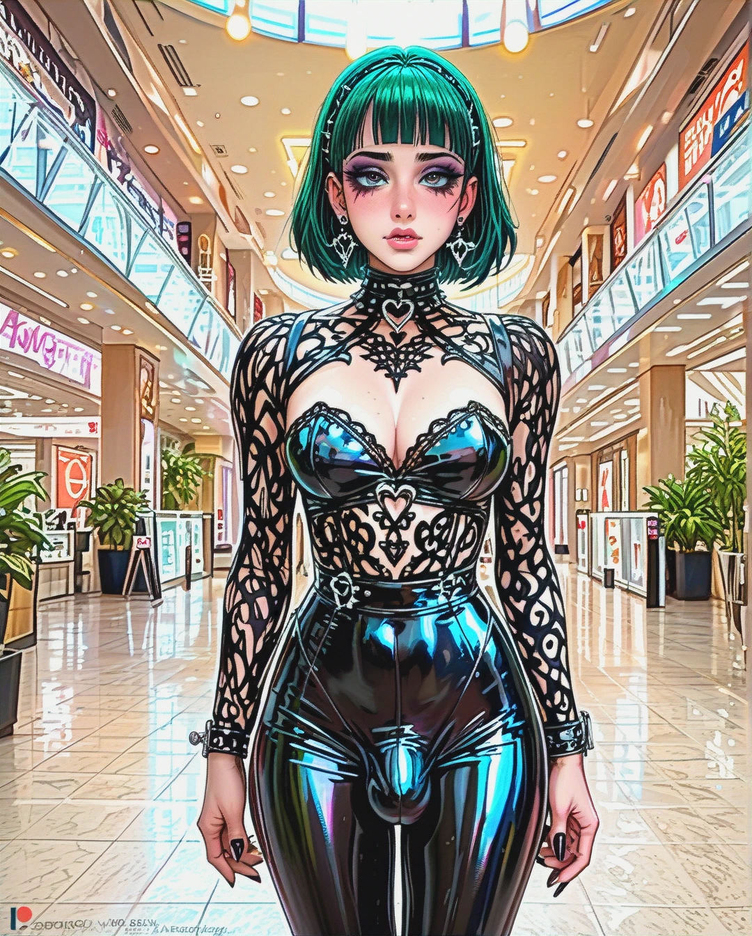 Very cute and sexy futanari goth, stunning, cute face, beautiful light goth makeup, very sexy outfit, very tight outfit, standing at mall, try hide big bulge penis, shy, very slutty outfit, ultra detailed art, masterpiece, 4k, best quality