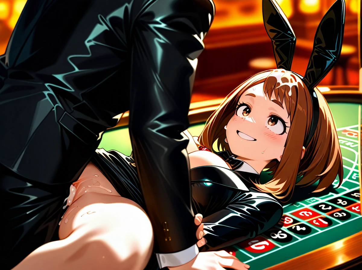 @uraraka_ochako wearing a elegant black jacket suit and a black skirt and a crown, , casino table, roulette,,, used as a toy, played,, missionary, (deep_penetration),,, evening time, front view, jewels, cum_on_hair, bunny_ears, dices, (happy_sex), vaginal sex