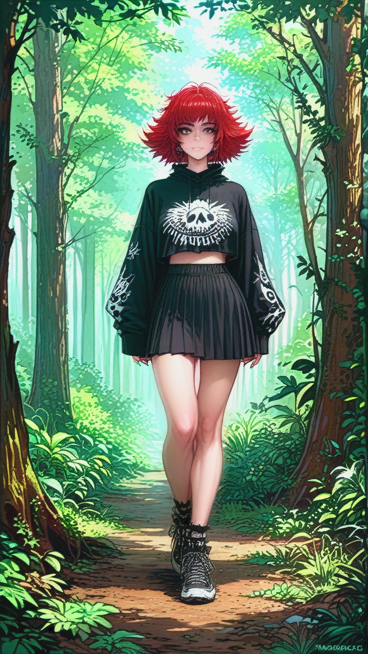 saxy goth, cute, at the forest, red hair, full body, half neked