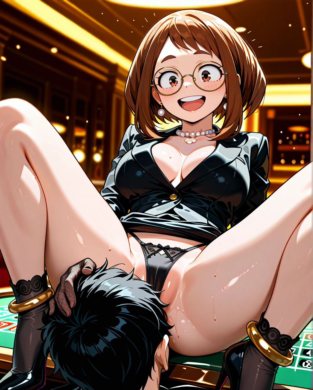 ,1girl,, ,1girl,1boy, , , ,cheekless,,round_big tits,ship_deck,collarbone, lift_skirt,,circle_glasses,black_thong, black_jacket,gold_anklets,highleg_panties,,, , , , Detailed, bright, @uraraka_ochako wearing elegant black  jacket,  headpat, (cunnilingus) , , casino table, roulette, (spread_legs),, (happy) ,pearl_necklace, gold_ring, earring, cheating , (naughty) , (excited) , transparent black silk gloves , highheels, collants, nylon socks