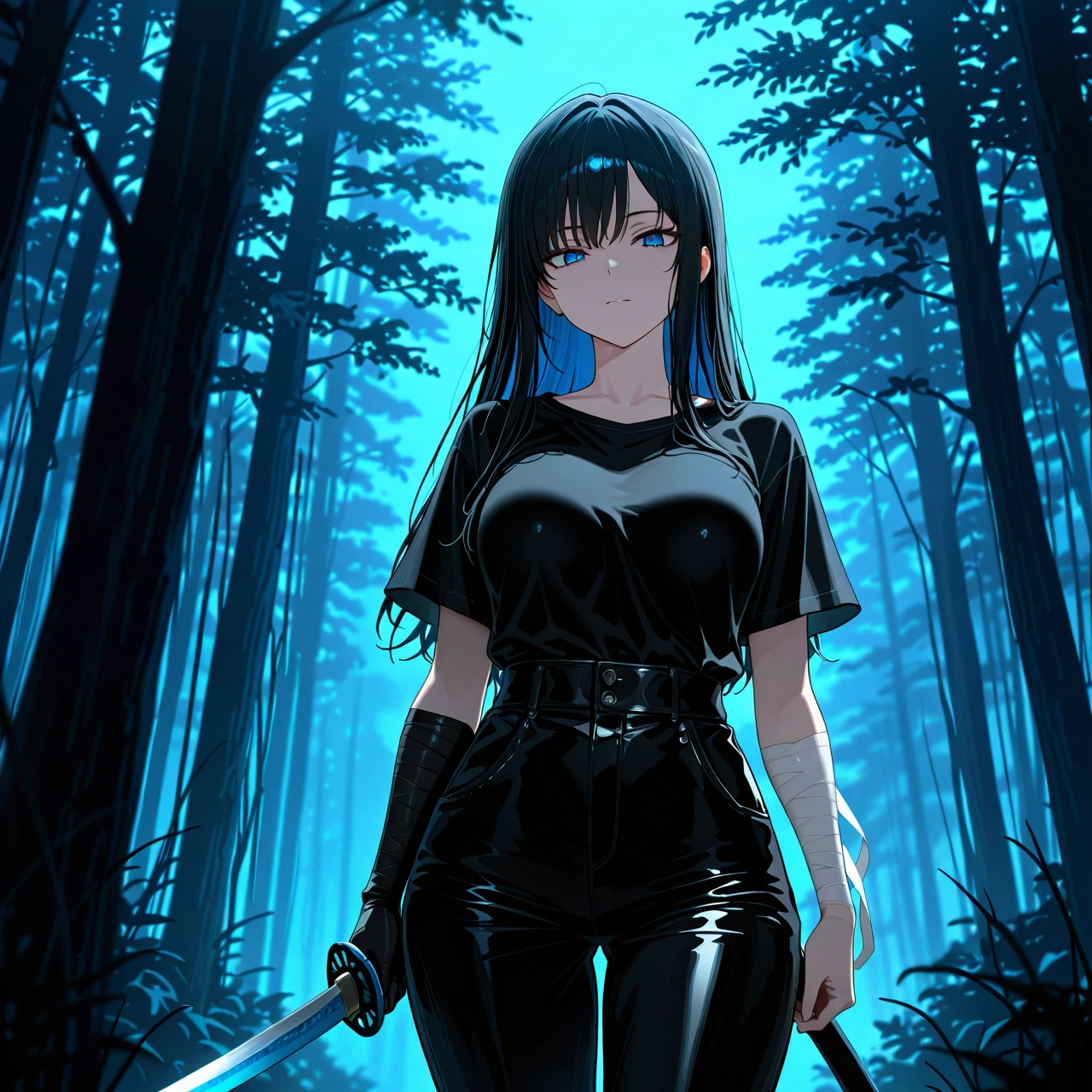 Long black hair. Big blue eyes. Black free Trousers. A black Open silk shirt at the neck. Bandages on his arms. Indifferent face. Night. Forest.  Dark. Night. Fog. Young. Black blue katana.