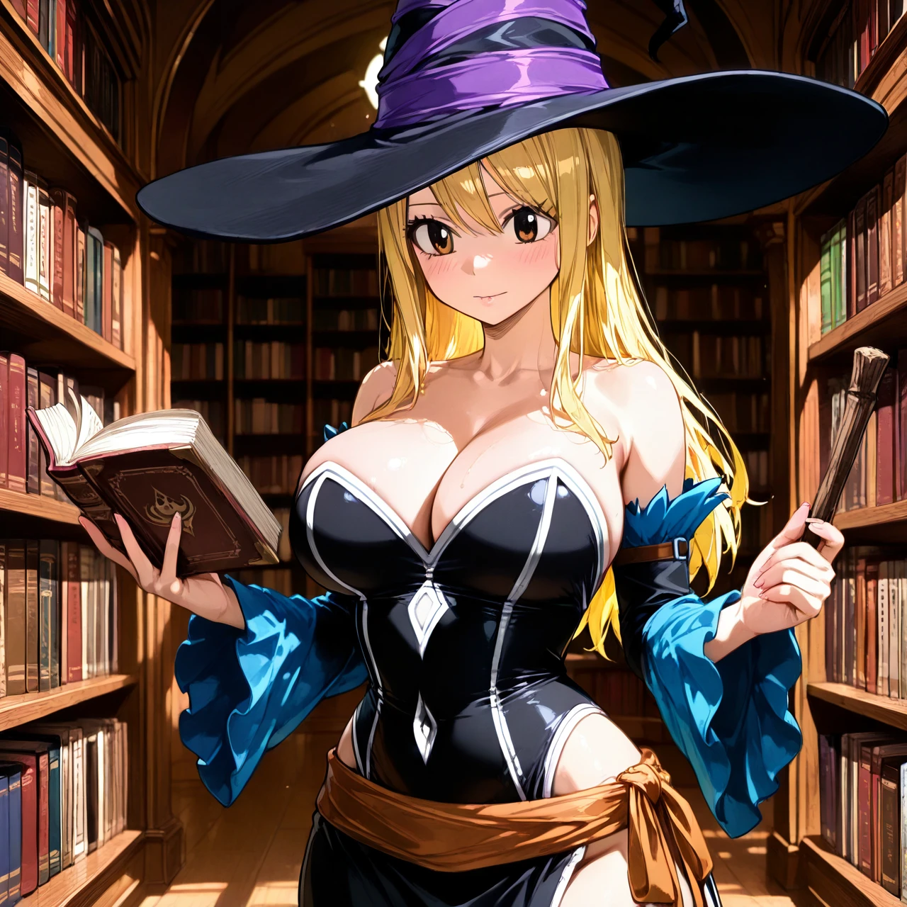 sexy sorceress costume, big sorceress hat, library, book in hand. @lucy_heartfilia