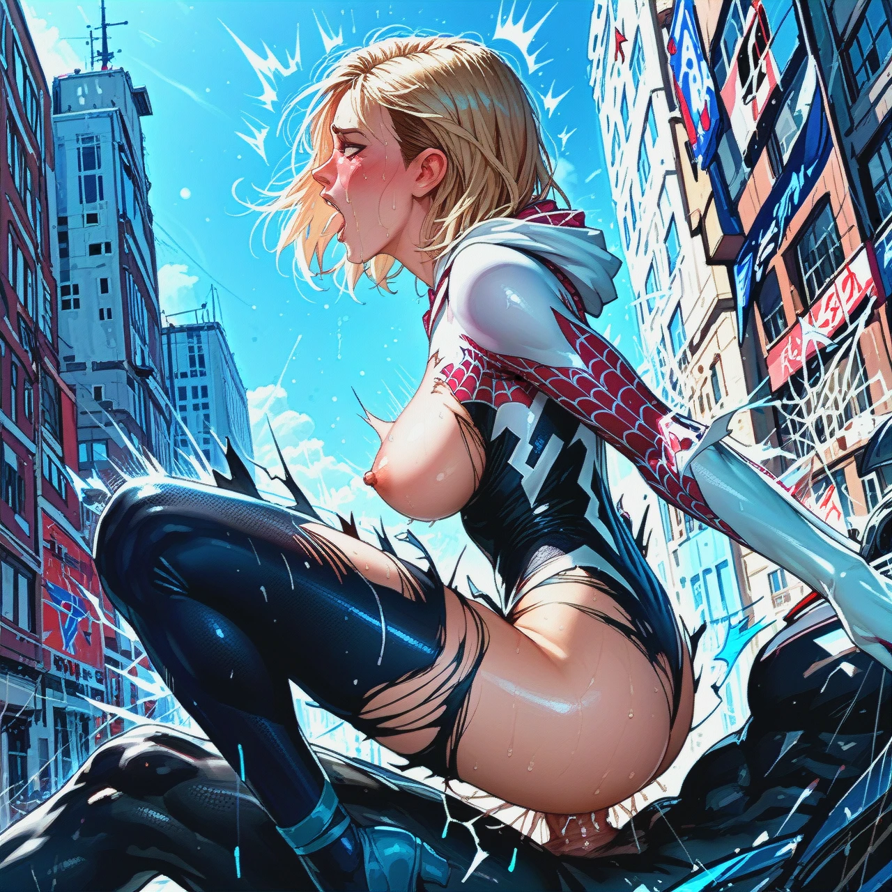 from side, profile, BREAK sidelighting, light particles, BREAK 1girl, spider gwen, torn suit, vaginal sex, cowgirl sex, riding, screaming in pleasure? big breast? excessive pussy