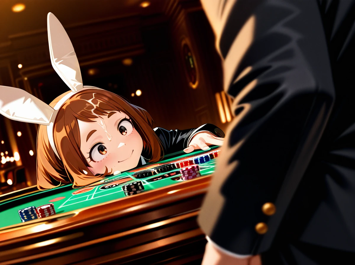 @uraraka_ochako wearing a elegant black jacket suit and a black skirt and a crown, , casino table, roulette,,, used as a toy, played,, missionary, (deep_penetration),,, evening time, front view, jewels, cum_on_hair, bunny_ears, dices, (happy_sex)