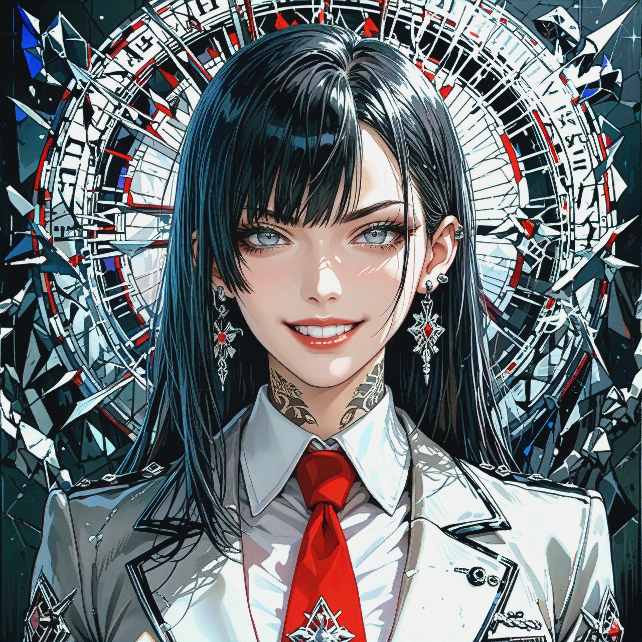 Female 30 years old. Long black hair. Gray eyes. Suit with red tie. Grin. Background broken mirror. Tattoo 3 diamonds under the eye on the face. Silver ear piercing chains.