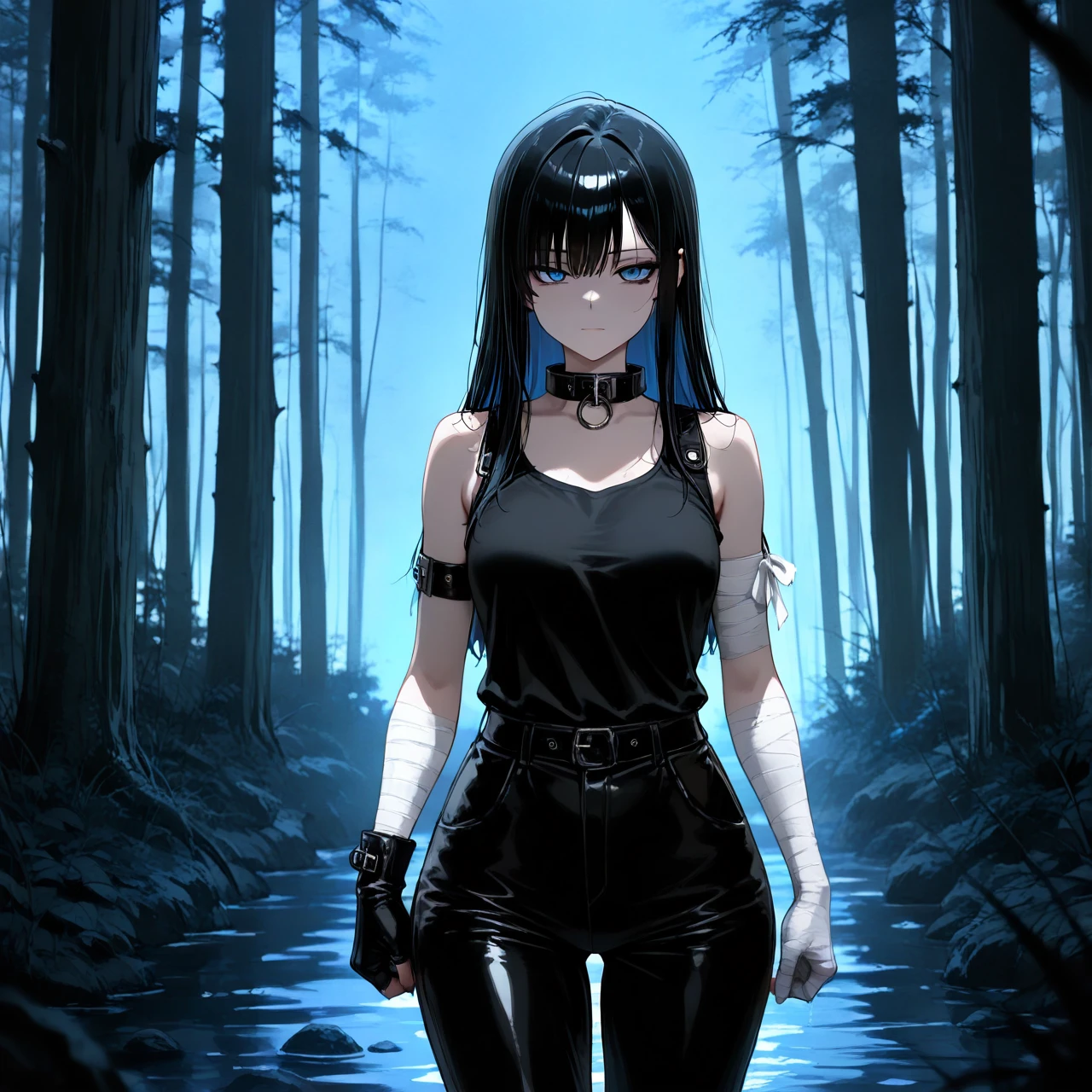 Long black hair. Big blue eyes. Black pants. A black sleeveless T-shirt with a collar. Bandages on his arms. Indifferent face. Night. Forest.  Dark. Night. Fog.