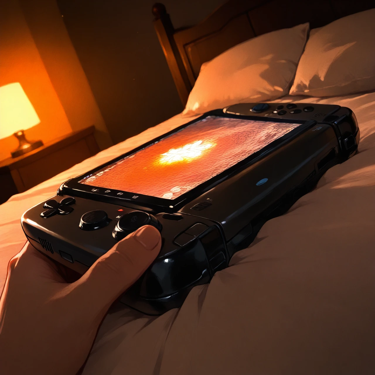 The guy is lying on the bed and playing a portable game console