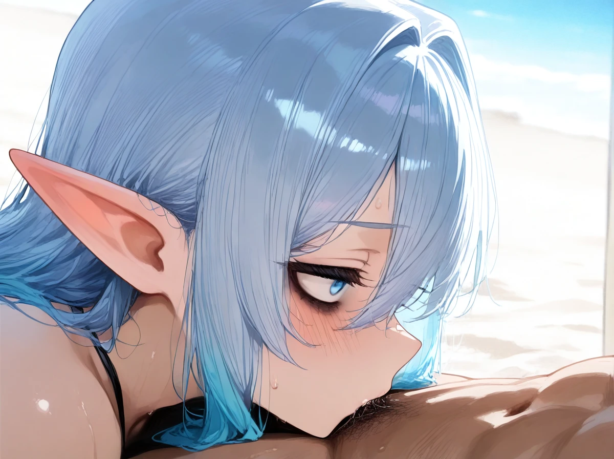 cute elf, ash hair, blue eye, (bags_under_eyes) , at beach, (shy), (profile), kissjob