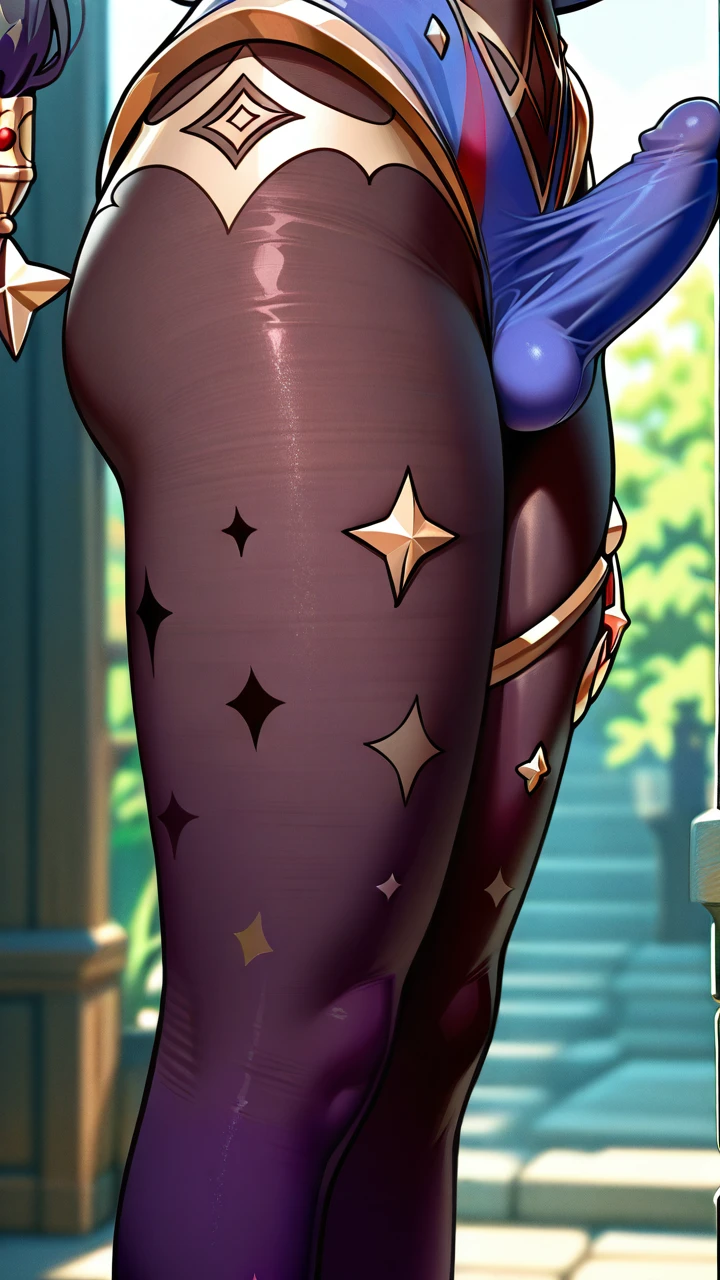 @mona, (otoko_no_ko), blue_hair, green, eyes, twin_ponytails, penis_bulge, elbow_gloves, slim_legs, tights, (pout),  (cropped_shoulders), witch_hat, erection_under_clothes, (blush), chocker, (standing), pointy_ears,