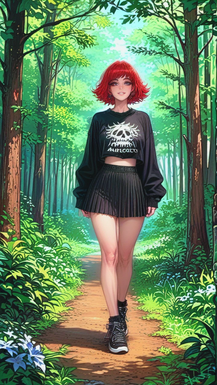 saxy goth, cute, at the forest, red hair, full body,