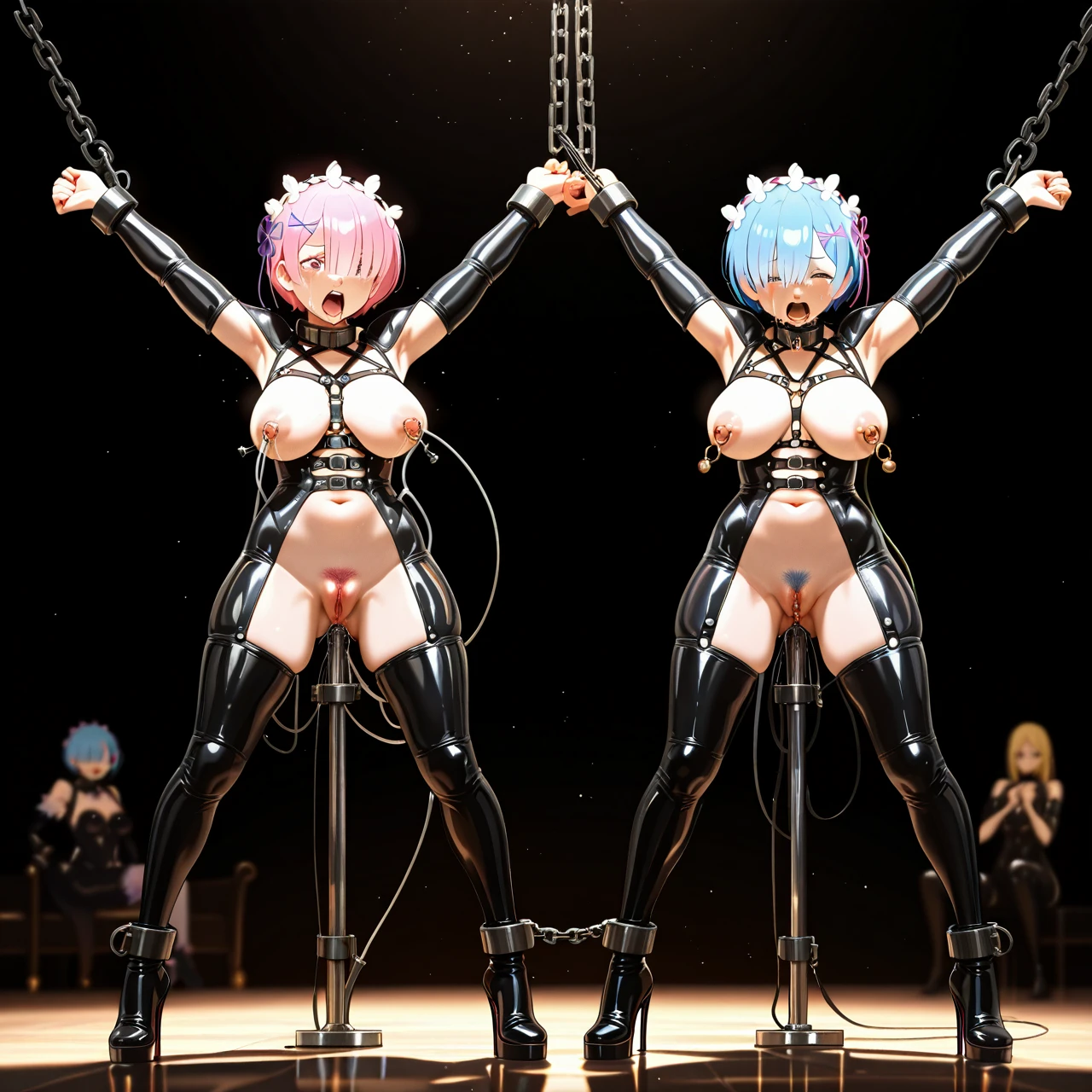 @ram and @rem, body harness, crying face, open eyes, bdsm suit,, screaming, nipple torture, nipple  piercing, clitoris piercing, pubic hair, high heels long boots, only girls, full body, stretching arms, anal torture, chained nipples, bondage suspension,