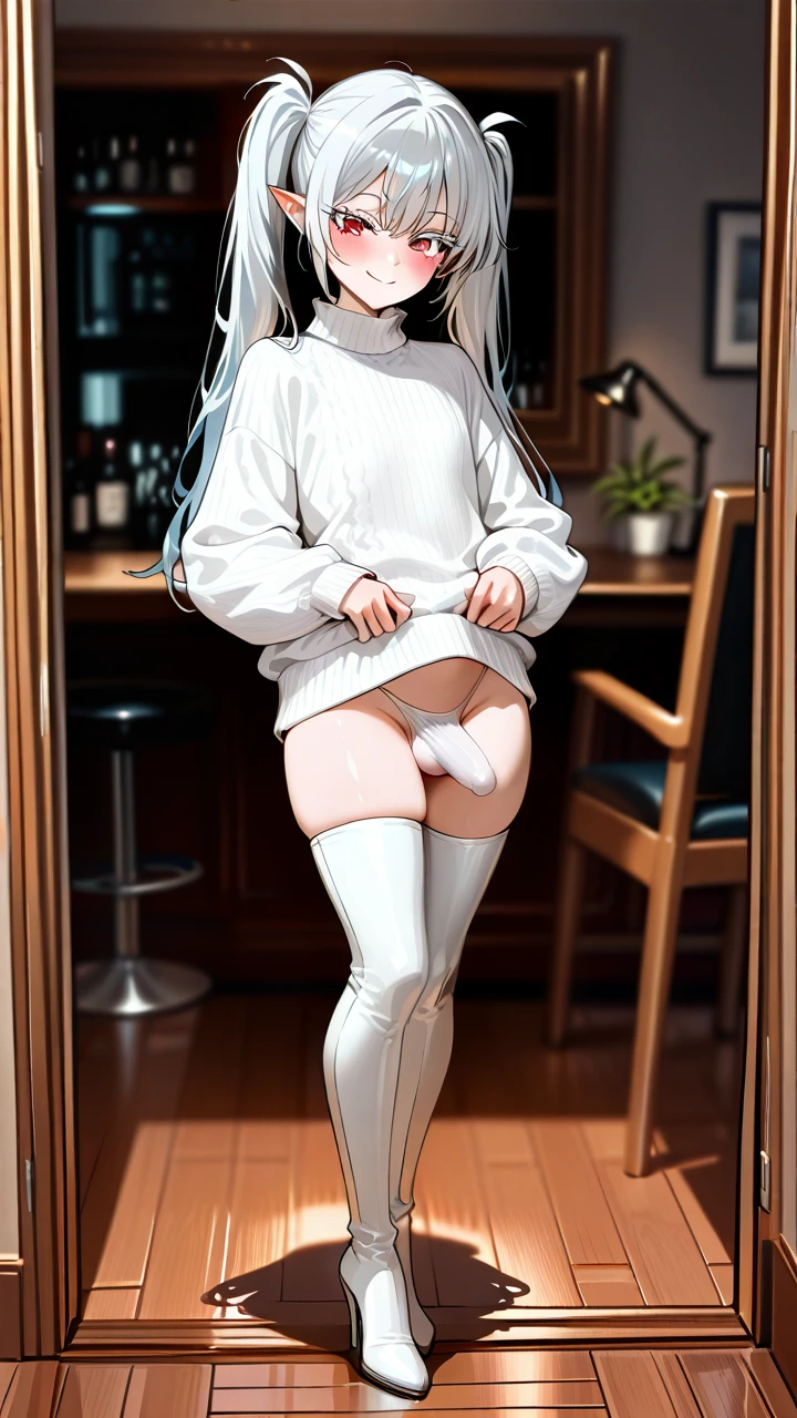 (otoko_no_ko), white_sweater, highheels, penis_bulge, erection_under_sweater, highheels, white_high_thigh_boots, (smile), pointy_ears, white_eyelashes, silver_hair, (red_eyes), blush, (standing), twin_ponytails,