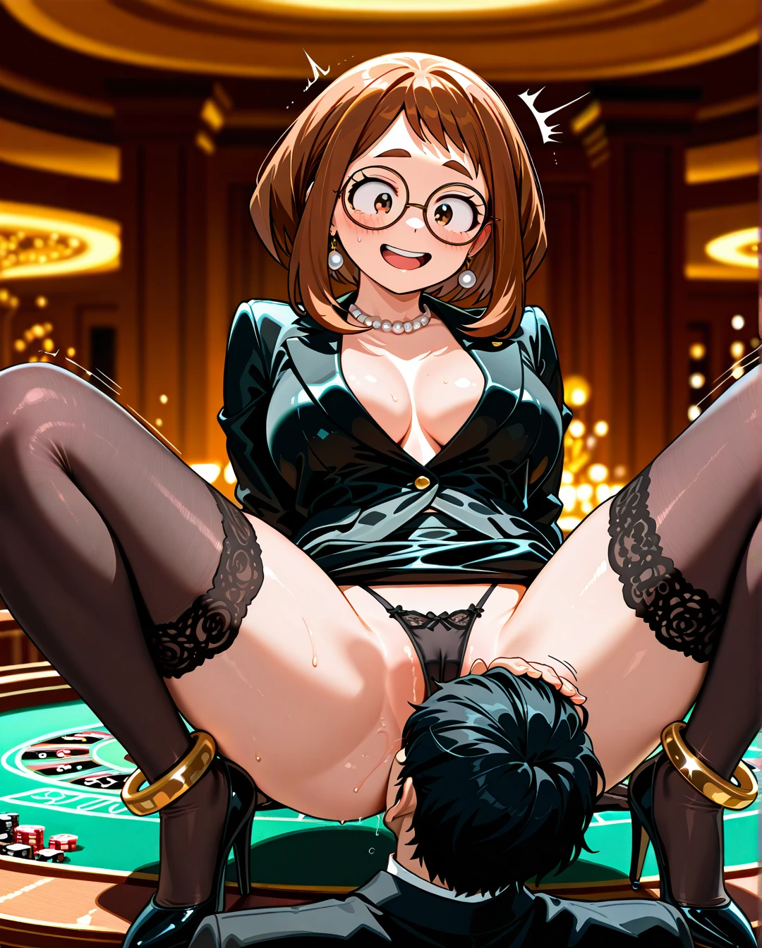 ,1girl,, ,1girl,1boy, , , ,cheekless,,round_big tits,ship_deck,collarbone, lift_skirt,,circle_glasses,black_thong, black_jacket,gold_anklets,highleg_panties,,, , , , Detailed, bright, @uraraka_ochako wearing elegant black  jacket,  headpat, (cunnilingus) , , casino table, roulette, (spread_legs),, (happy) ,pearl_necklace, gold_ring, earring, cheating , (naughty) , (excited) , transparent black silk gloves , highheels, collants, nylon long stockings