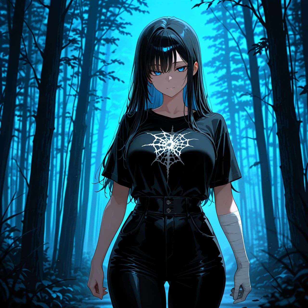 Long black hair. Big blue eyes. Black Trousers A black Open silk shirt at the neck. Bandages on his arms. Indifferent face. Night. Forest.  Dark. Night. Fog. Young. Black blue katana.