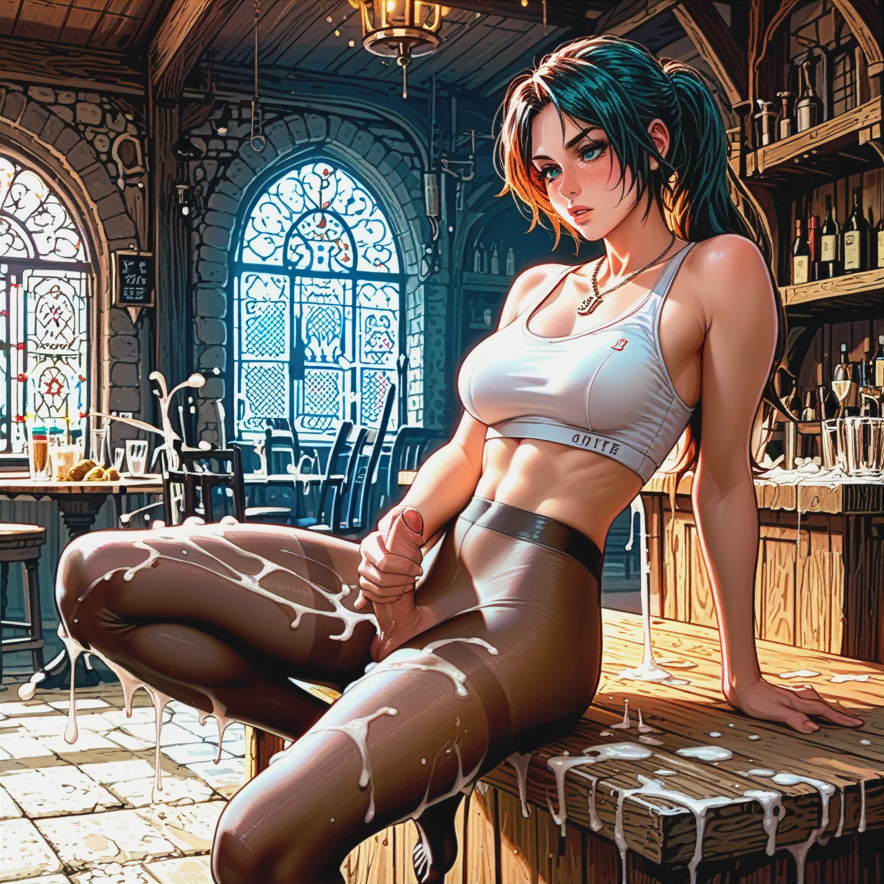 1girl,solo, medium breasts,leaning back,foreskin, lift dress up,pantyhose,anchor necklace,White sports bra,no shoes, sparkling, medieval tavern, table, source anime, bright lighting, lara croft, miku.  (futanari) . (futanari_masturbation) . futa emit a large number climax white liquid . climax face . full-length (looking_afar) .